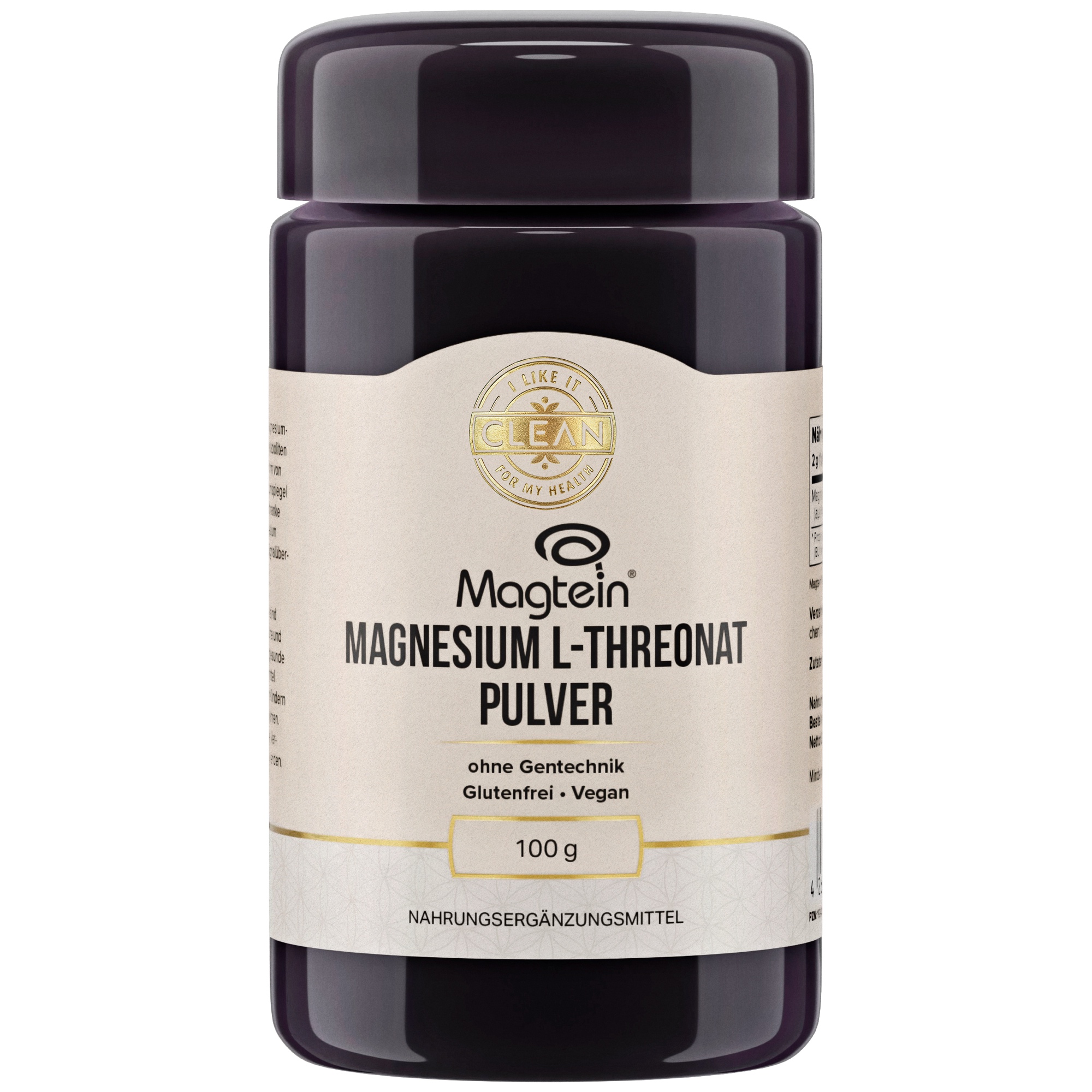 Produktfoto: Das Bild zeigt eine dunkelviolette Dose mit einem beigen Etikett. Auf dem Etikett steht 'Magtein Magnesium L-Threonat Pulver'. Es ist ein Nahrungsergänzungsmittel, das ohne Gentechnik, glutenfrei und vegan ist. Die Dose enthält 100 Gramm des Pulvers.