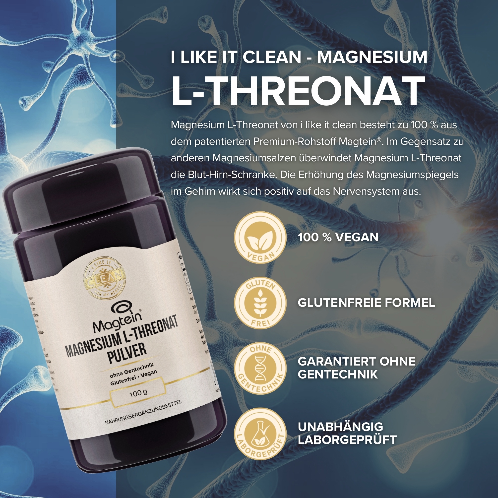 Produktfoto: Das Bild zeigt eine dunkelviolette Dose mit einem beigen Etikett. Auf dem Etikett steht 'Magtein Magnesium L-Threonat Pulver'. Es ist ein Nahrungsergänzungsmittel, das ohne Gentechnik, glutenfrei und vegan ist. Die Dose enthält 100 Gramm des Pulvers.