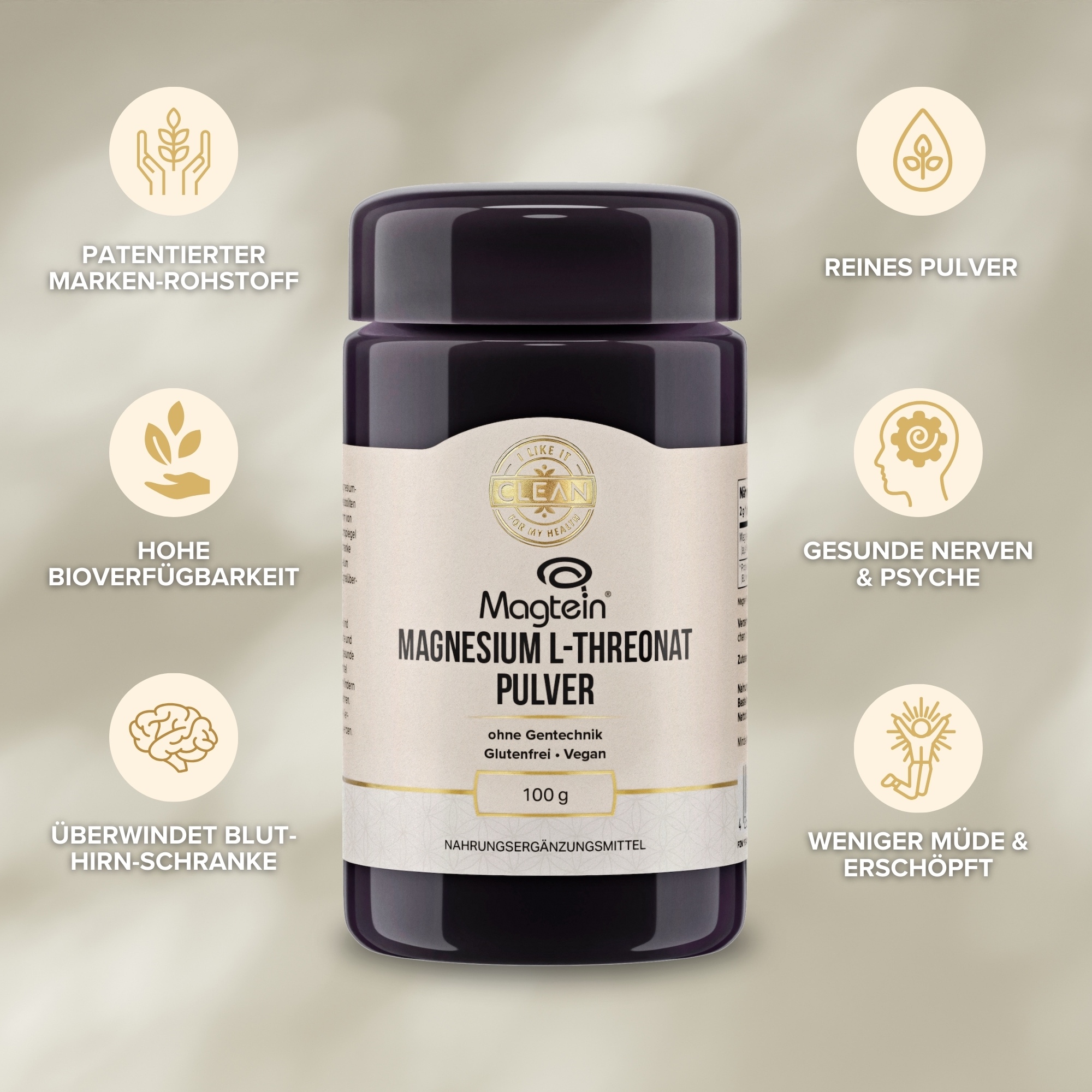 Produktfoto: Das Bild zeigt eine dunkelviolette Dose mit einem beigen Etikett. Auf dem Etikett steht 'Magtein Magnesium L-Threonat Pulver'. Es ist ein Nahrungsergänzungsmittel, das ohne Gentechnik, glutenfrei und vegan ist. Die Dose enthält 100 Gramm des Pulvers.