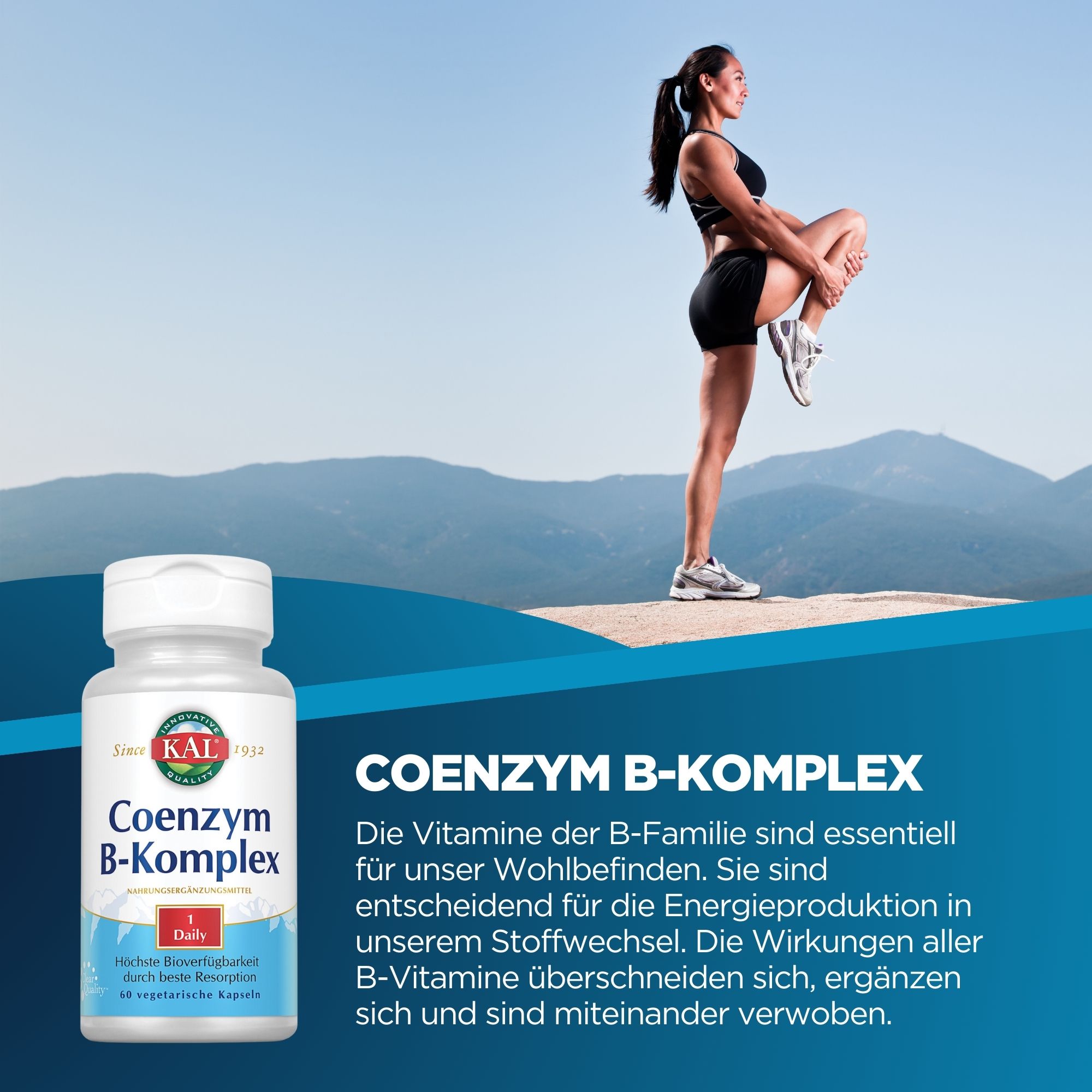 Produktfoto: Eine weiße Plastikflasche mit einem Etikett der Marke KAL. Auf dem Etikett steht 'Coenzym B-Komplex', ein Nahrungsergänzungsmittel. Die Flasche enthält 60 vegetarische Kapseln. Die Aufschrift hebt die hohe Bioverfügbarkeit und beste Resorption hervor. Das Design ist schlicht mit blauen und weißen Farben.