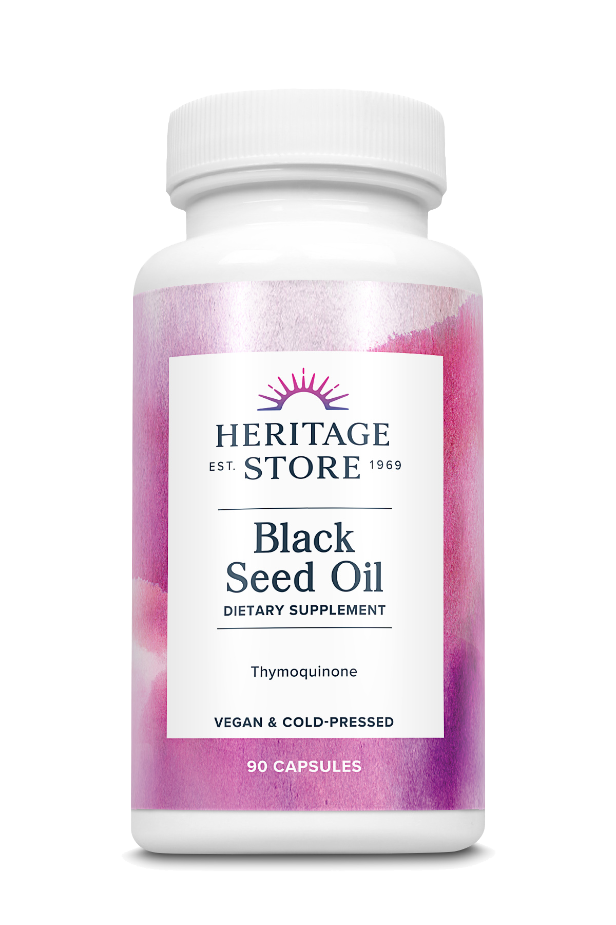 Produktfoto: Eine weiße Plastikflasche mit einem rosa Etikett. Auf dem Etikett steht 'Heritage Store Black Seed Oil Dietary Supplement'.