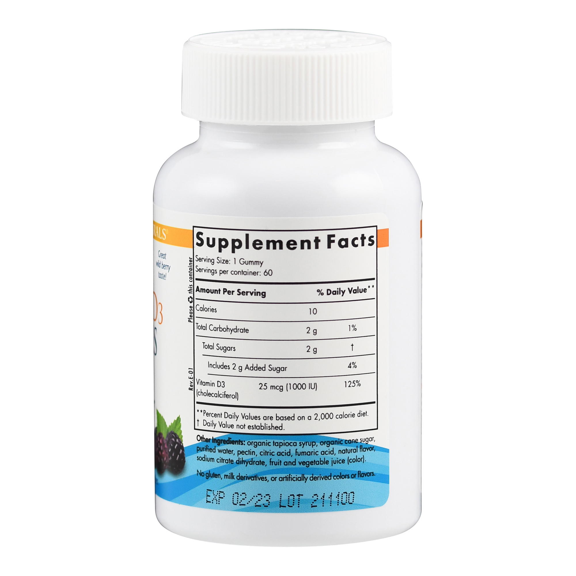 Produktfoto: Eine Flasche mit Nordic Naturals Vitamin D3 Gummies. Die Flasche ist weiß mit einem blauen und orangen Etikett. Auf dem Etikett stehen Informationen über die Vorteile der Gummies für gesunde Knochen, Stimmung und Immunsystem. Es sind 60 Gummies in der Flasche. Das Etikett zeigt auch Bilder von Beeren und hebt hervor, dass die Gummies einen großartigen Geschmack haben und vegetarisch sind.