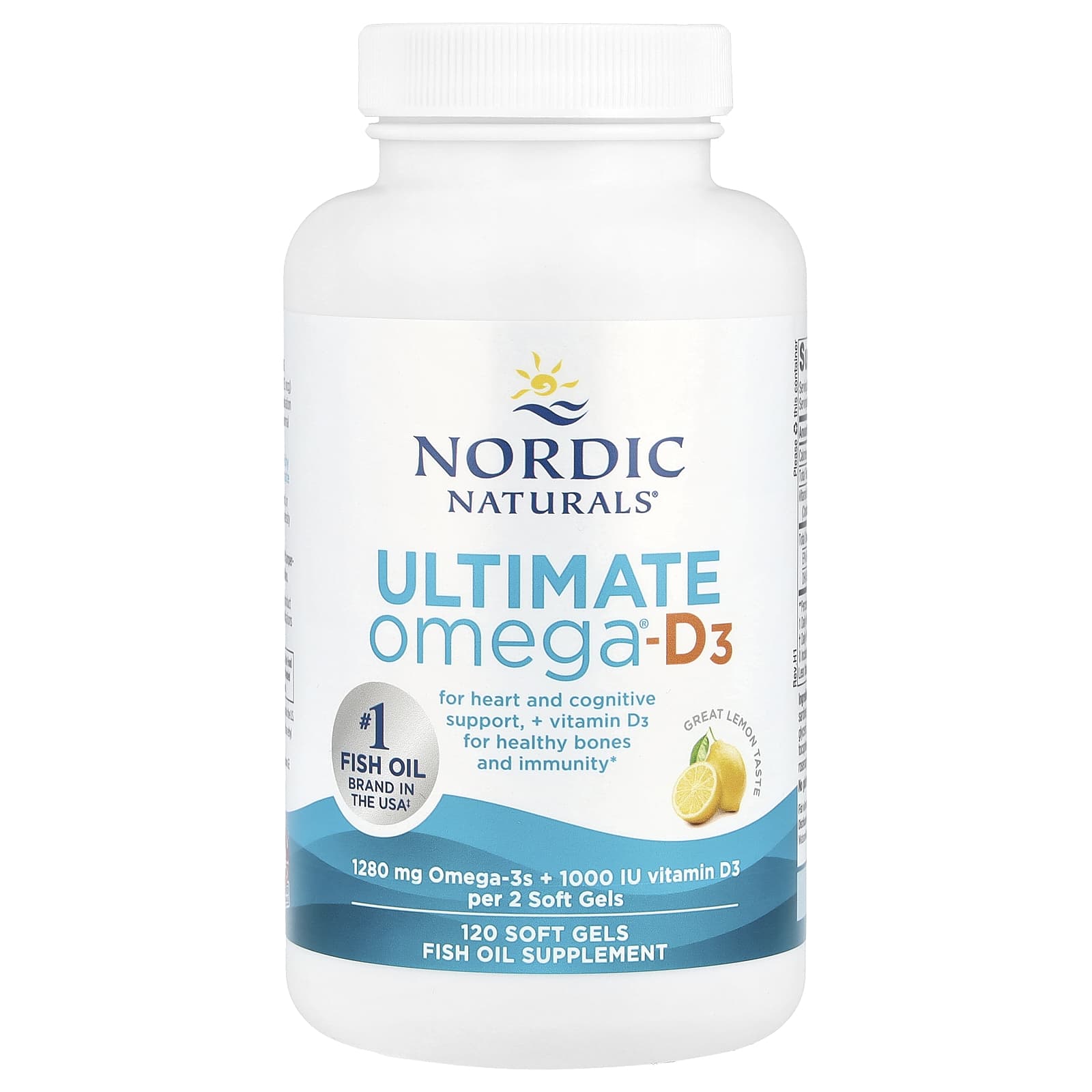 Produktfoto: Das Bild zeigt eine weiße Flasche des Nahrungsergänzungsmittels Nordic Naturals Ultimate Omega-D3. Auf dem Etikett sind Informationen über Omega-3-Fettsäuren und Vitamin D3 sowie ein Bild einer Zitrone zu sehen. Die Flasche enthält 120 Softgels.