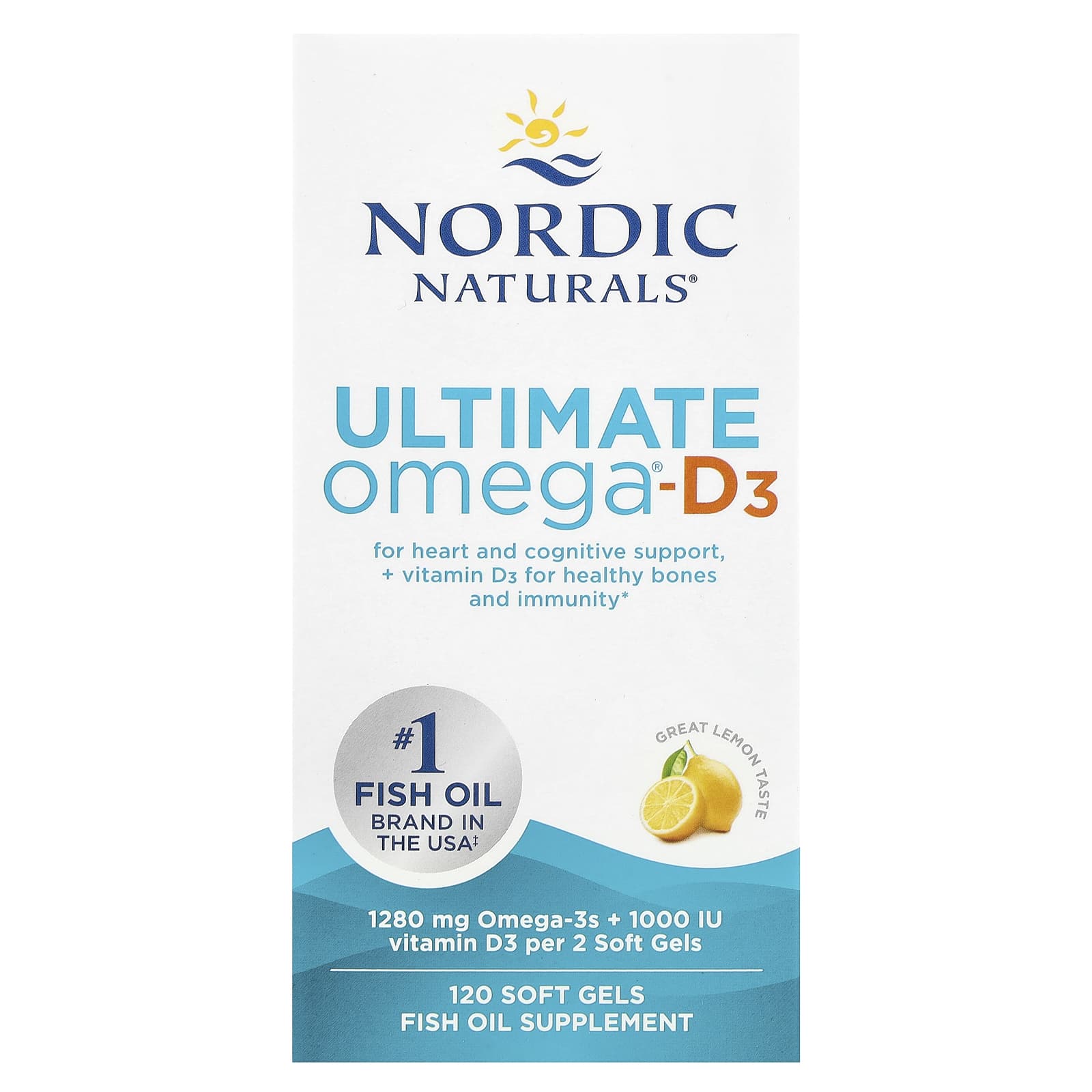 Produktfoto: Das Bild zeigt eine weiße Flasche des Nahrungsergänzungsmittels Nordic Naturals Ultimate Omega-D3. Auf dem Etikett sind Informationen über Omega-3-Fettsäuren und Vitamin D3 sowie ein Bild einer Zitrone zu sehen. Die Flasche enthält 120 Softgels.