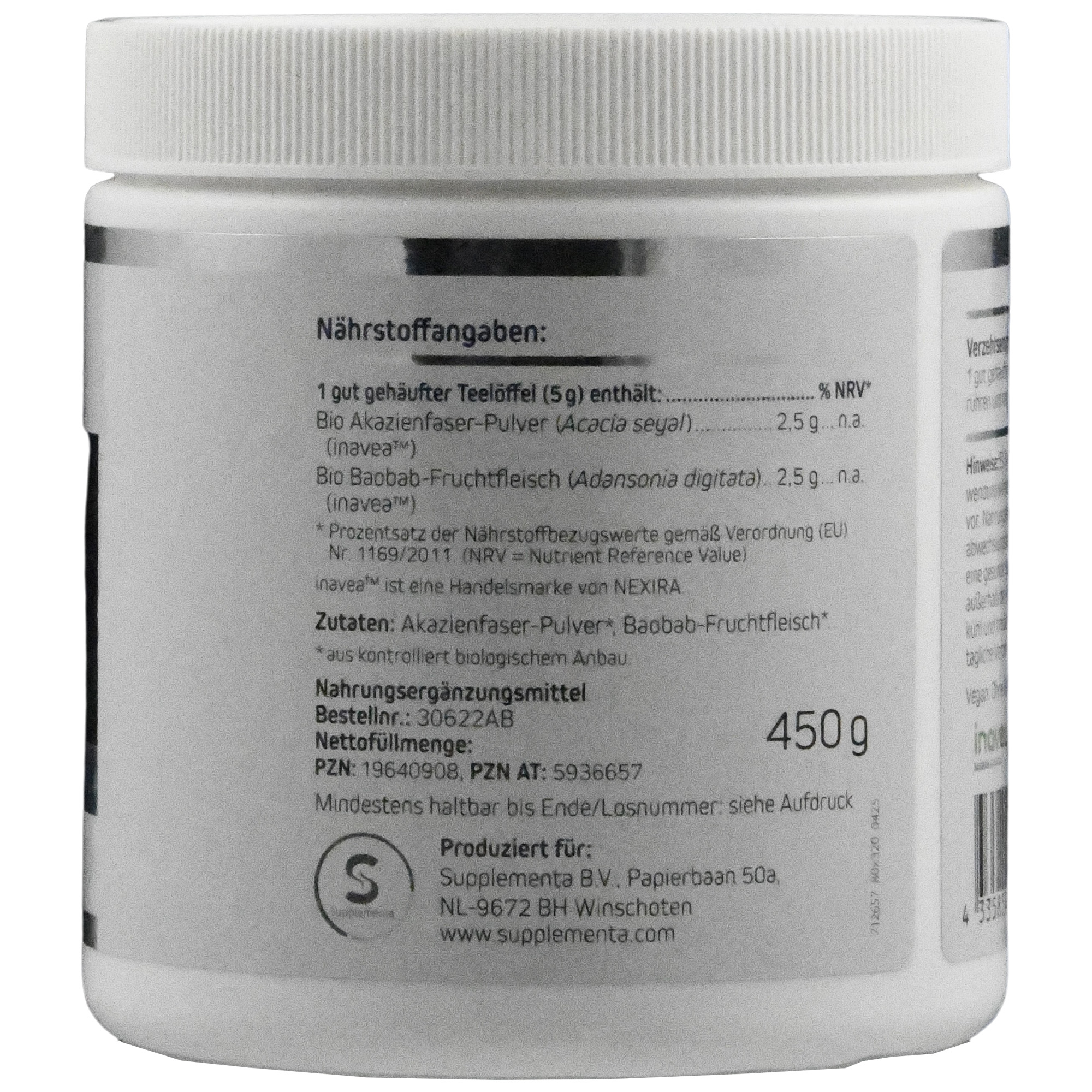 Produktfoto: Ein weißer Behälter mit einem blauen Etikett von American Biologics. Aufschrift: Akazienfaser mit Baobab Pulver, 450g, mit 67% Ballaststoffen. Labels: VEGAN, NON GMO, BIO.