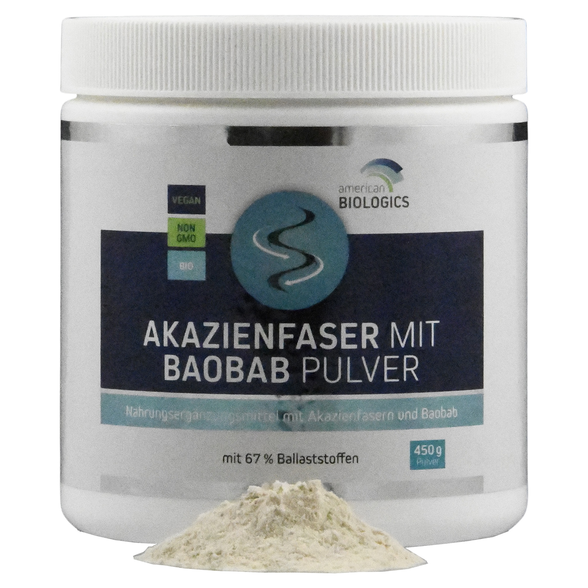 Produktfoto: Ein weißer Behälter mit einem blauen Etikett von American Biologics. Aufschrift: Akazienfaser mit Baobab Pulver, 450g, mit 67% Ballaststoffen. Labels: VEGAN, NON GMO, BIO.