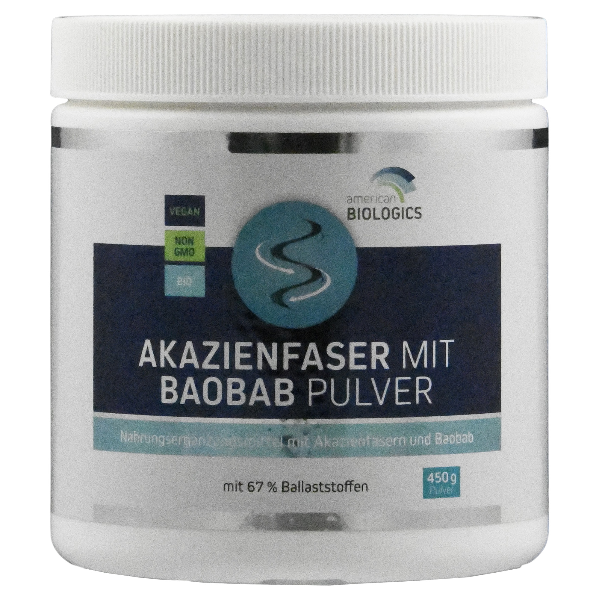Produktfoto: Ein weißer Behälter mit einem blauen Etikett von American Biologics. Aufschrift: Akazienfaser mit Baobab Pulver, 450g, mit 67% Ballaststoffen. Labels: VEGAN, NON GMO, BIO.