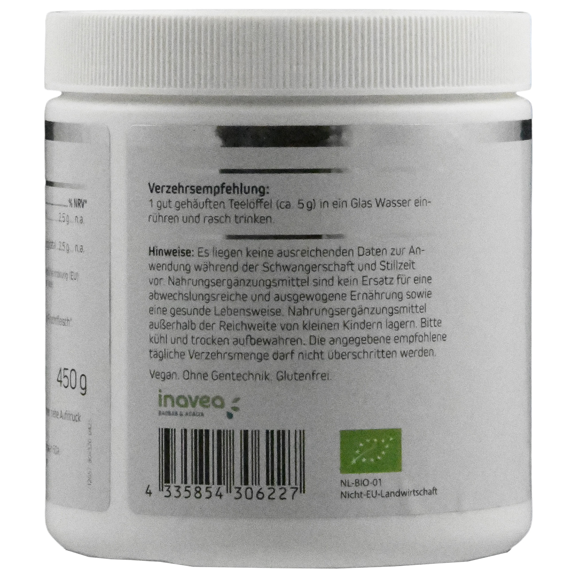 Produktfoto: Ein weißer Behälter mit einem blauen Etikett von American Biologics. Aufschrift: Akazienfaser mit Baobab Pulver, 450g, mit 67% Ballaststoffen. Labels: VEGAN, NON GMO, BIO.