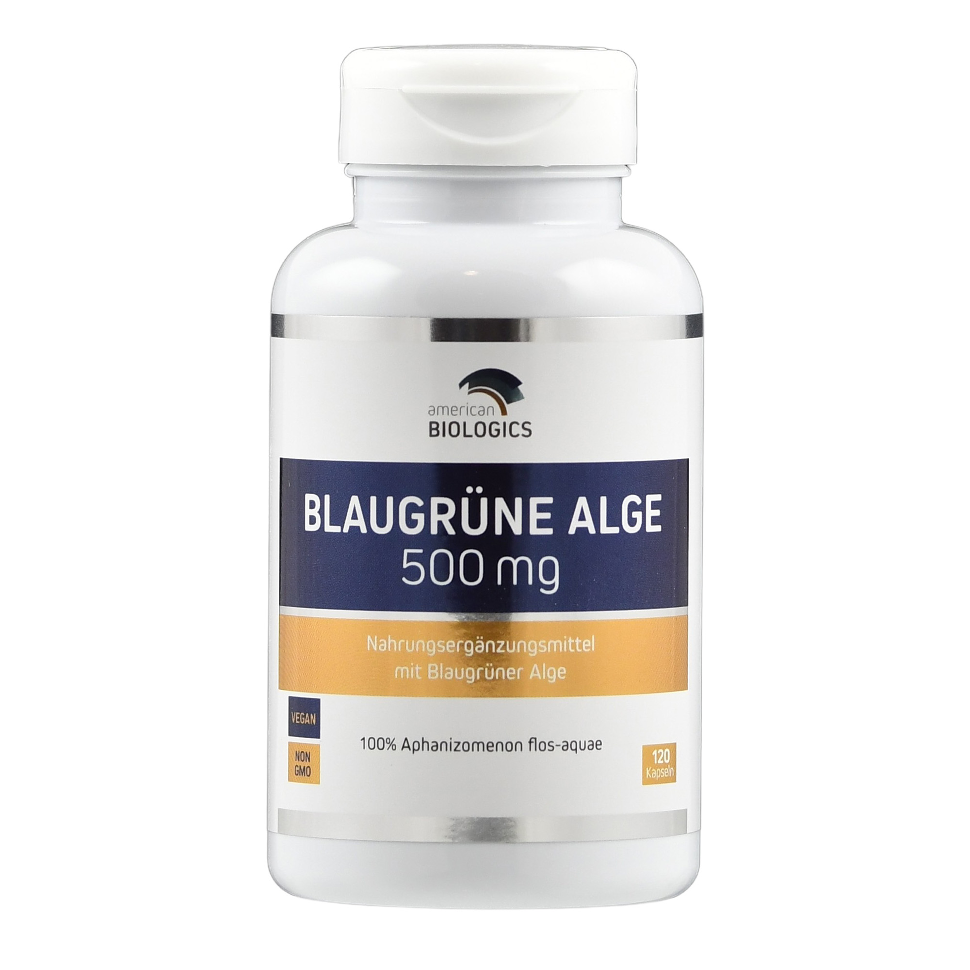 Produktfoto: Eine weiße Plastikflasche mit einem Etikett, das “American Biologics“ und “Blaugrüne Alge 500 mg“ anzeigt. Die Flasche enthält 120 Kapseln eines Nahrungsergänzungsmittels aus blaugrüner Alge, gekennzeichnet als vegan und gentechnikfrei.