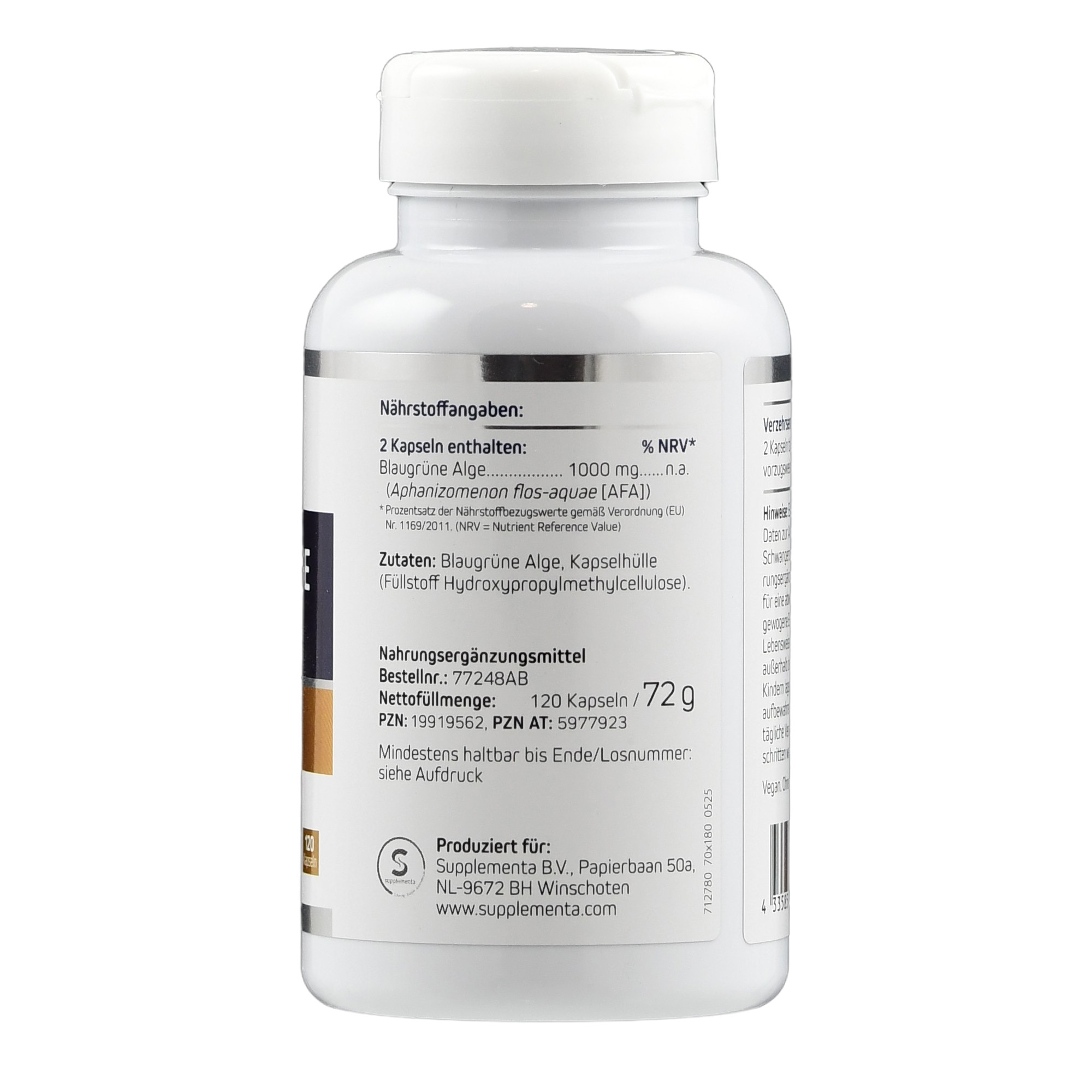 Produktfoto: Eine weiße Plastikflasche mit einem Etikett, das “American Biologics“ und “Blaugrüne Alge 500 mg“ anzeigt. Die Flasche enthält 120 Kapseln eines Nahrungsergänzungsmittels aus blaugrüner Alge, gekennzeichnet als vegan und gentechnikfrei.