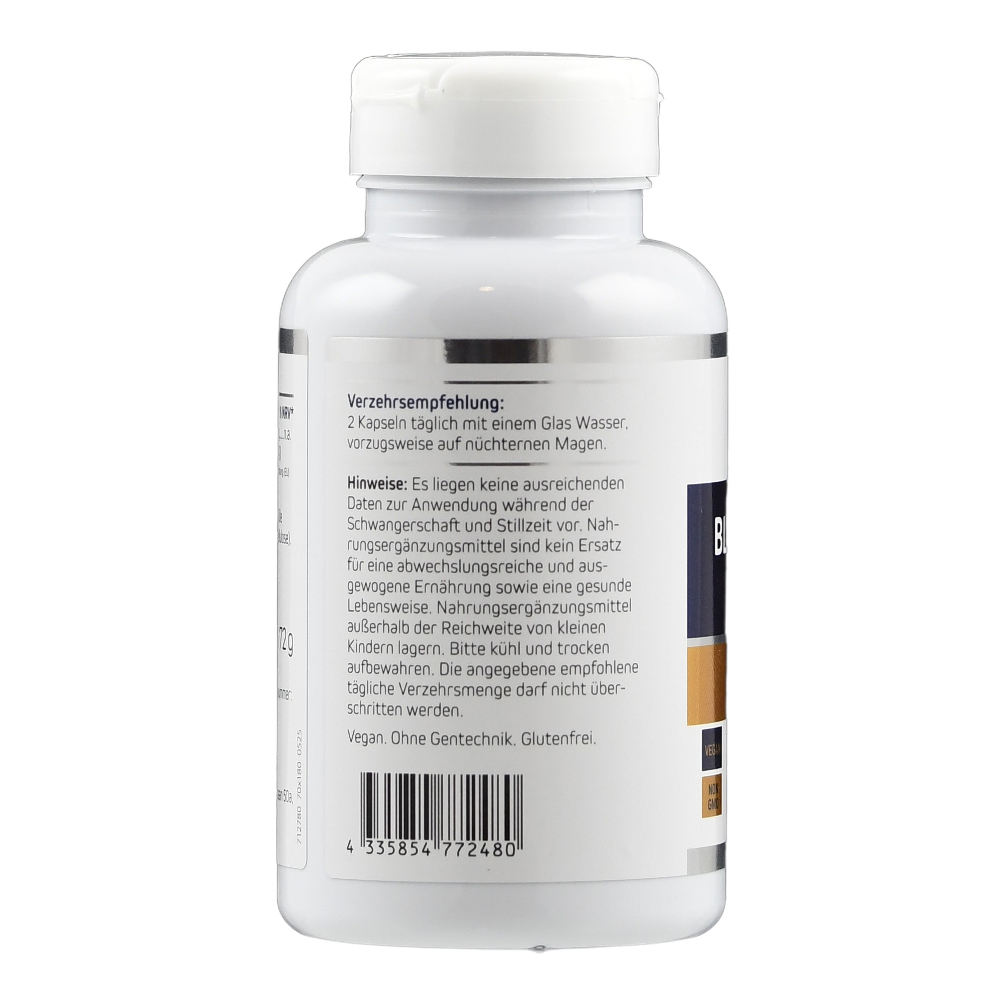 Produktfoto: Eine weiße Plastikflasche mit einem Etikett, das “American Biologics“ und “Blaugrüne Alge 500 mg“ anzeigt. Die Flasche enthält 120 Kapseln eines Nahrungsergänzungsmittels aus blaugrüner Alge, gekennzeichnet als vegan und gentechnikfrei.
