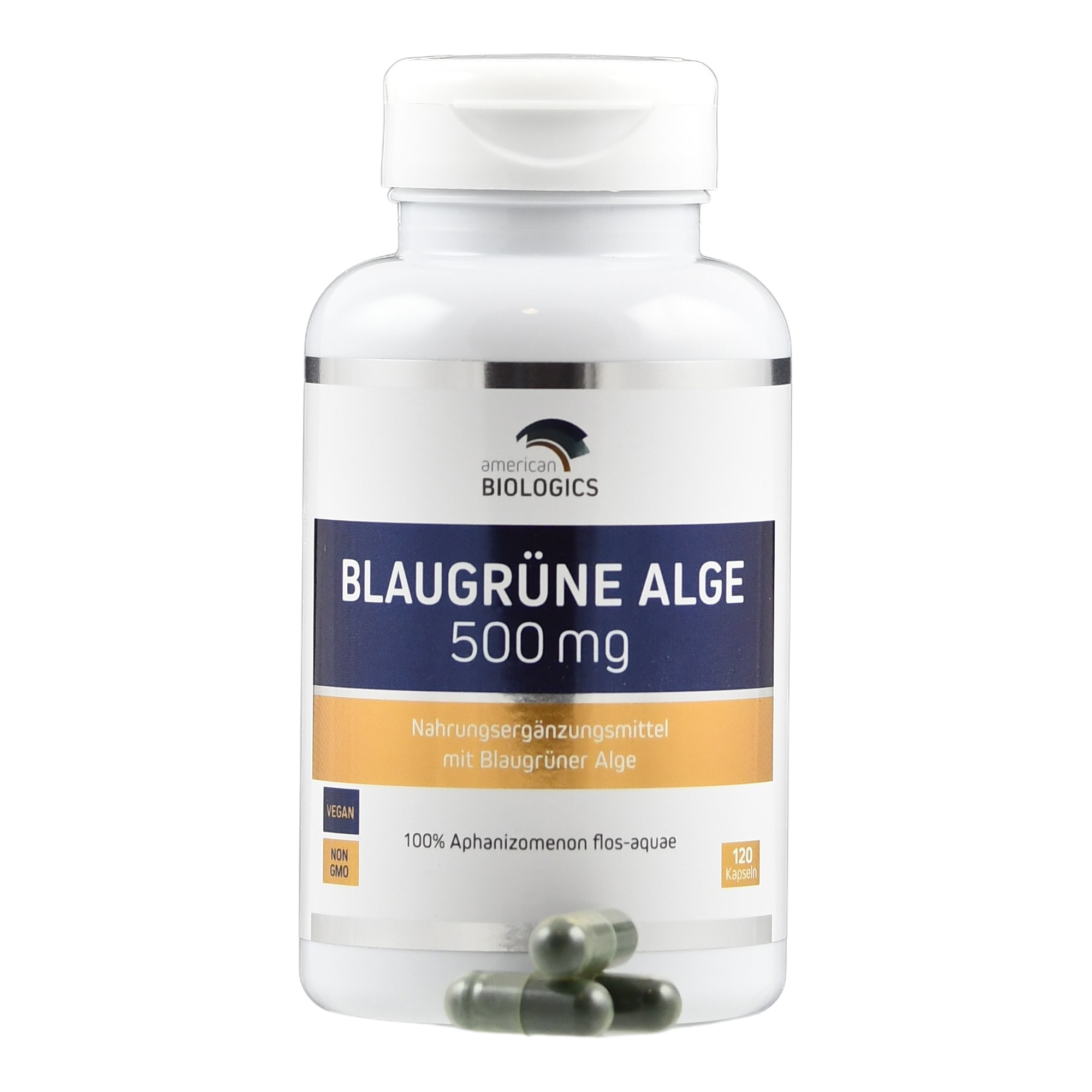 Produktfoto: Eine weiße Plastikflasche mit einem Etikett, das “American Biologics“ und “Blaugrüne Alge 500 mg“ anzeigt. Die Flasche enthält 120 Kapseln eines Nahrungsergänzungsmittels aus blaugrüner Alge, gekennzeichnet als vegan und gentechnikfrei.