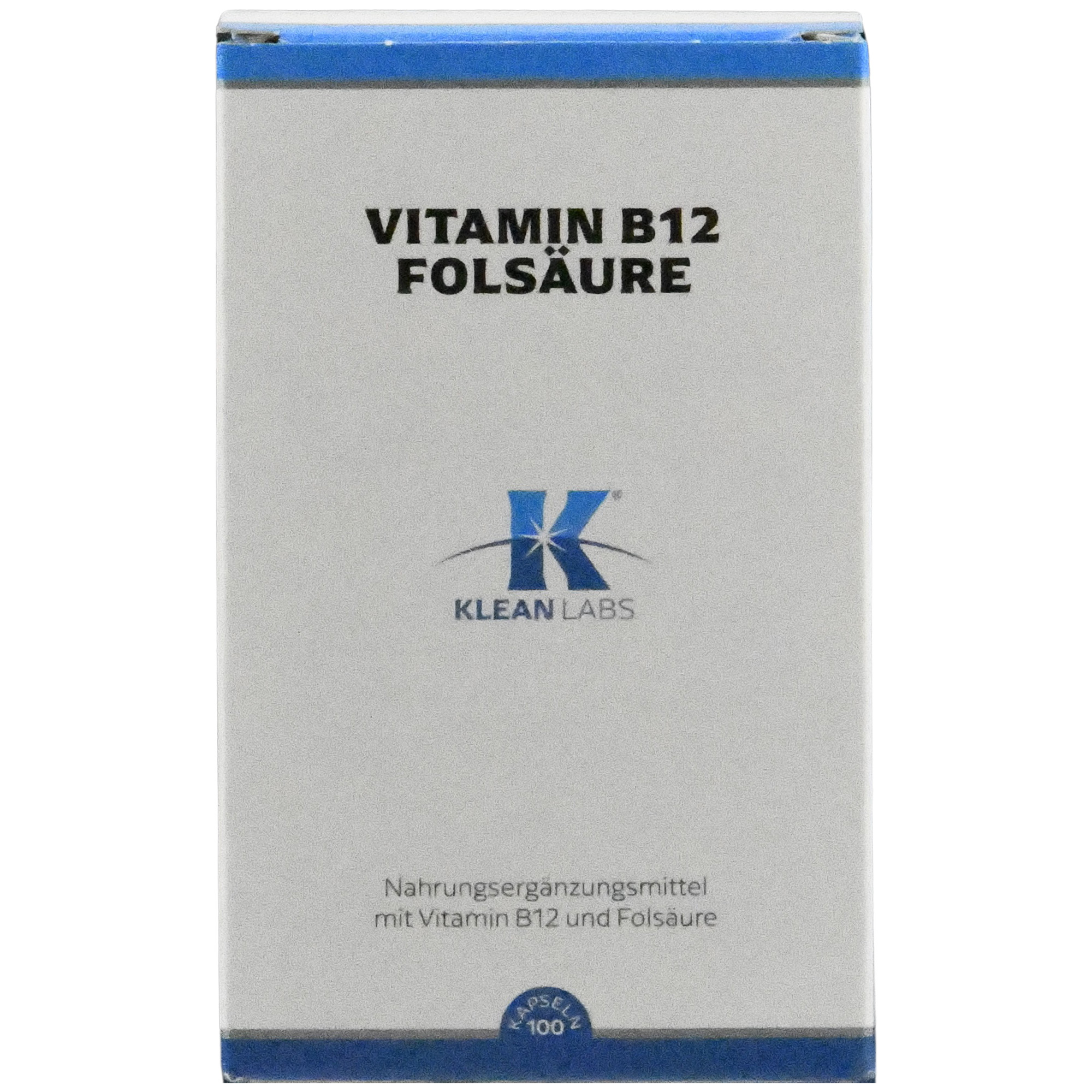 Produktfoto: Die Abbildung zeigt eine Verpackung von Klean Labs Nahrungsergänzungsmitteln. Auf der Vorderseite steht 'Vitamin B12 Folsäure'. Unten ist das Klean Labs Logo zu sehen. Die Verpackung ist in Weiß und Blau gehalten.