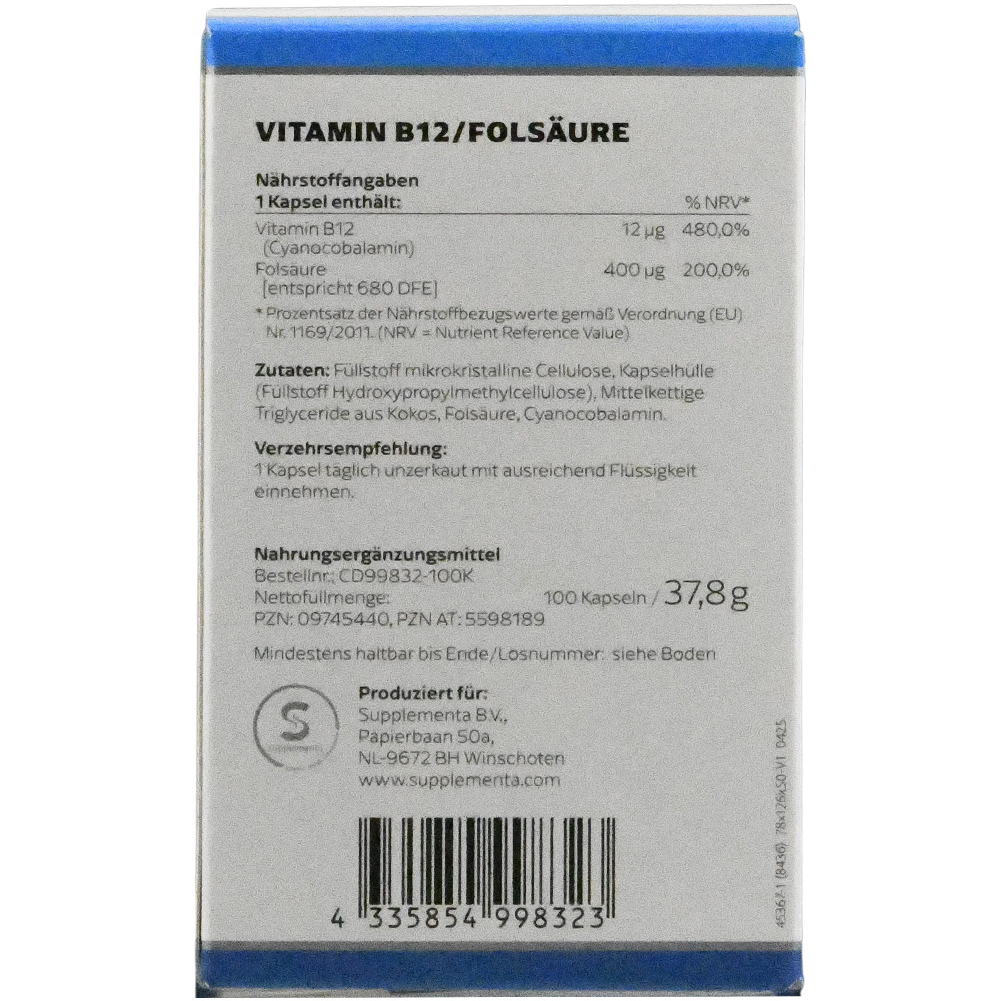 Produktfoto: Die Abbildung zeigt eine Verpackung von Klean Labs Nahrungsergänzungsmitteln. Auf der Vorderseite steht 'Vitamin B12 Folsäure'. Unten ist das Klean Labs Logo zu sehen. Die Verpackung ist in Weiß und Blau gehalten.