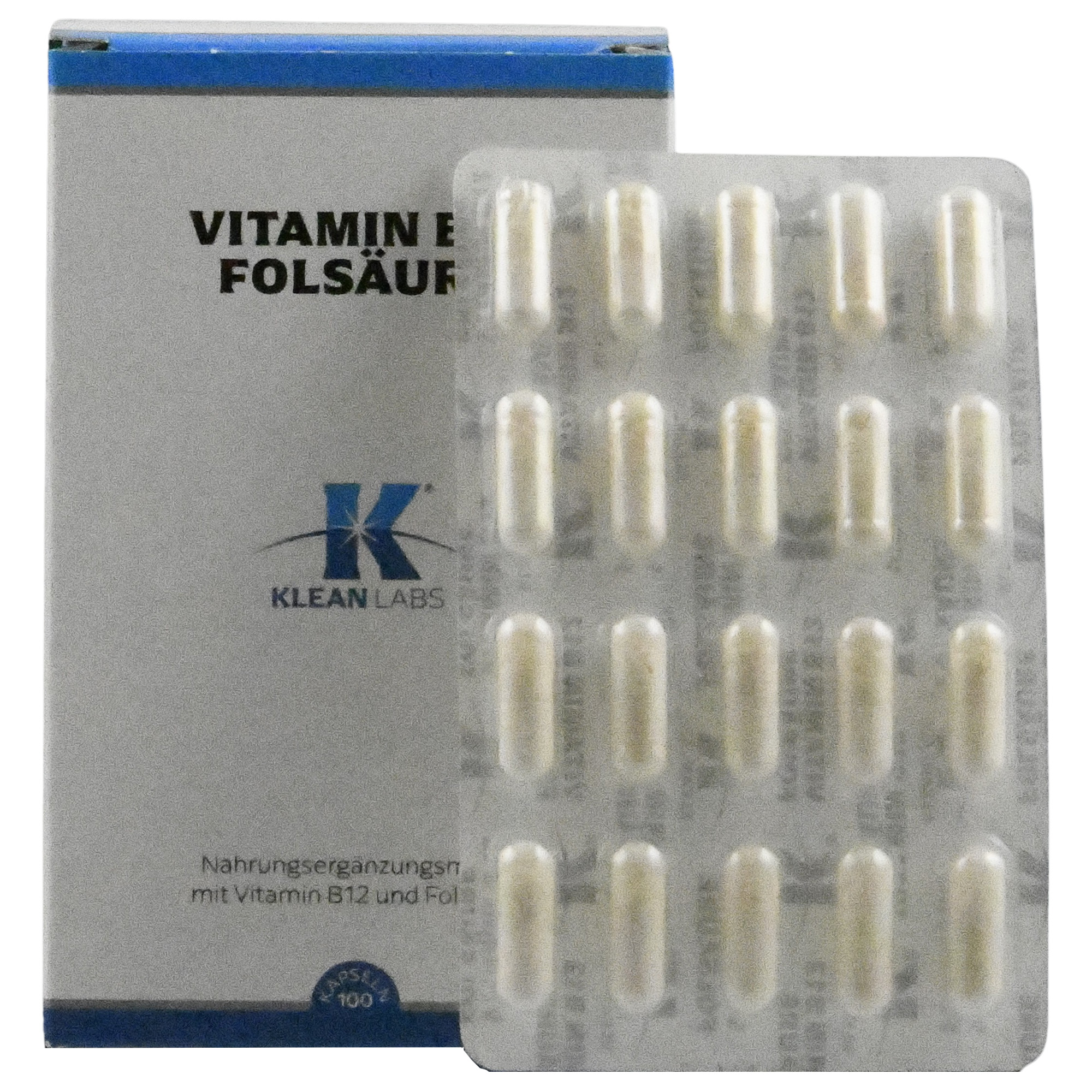 Produktfoto: Die Abbildung zeigt eine Verpackung von Klean Labs Nahrungsergänzungsmitteln. Auf der Vorderseite steht 'Vitamin B12 Folsäure'. Unten ist das Klean Labs Logo zu sehen. Die Verpackung ist in Weiß und Blau gehalten.