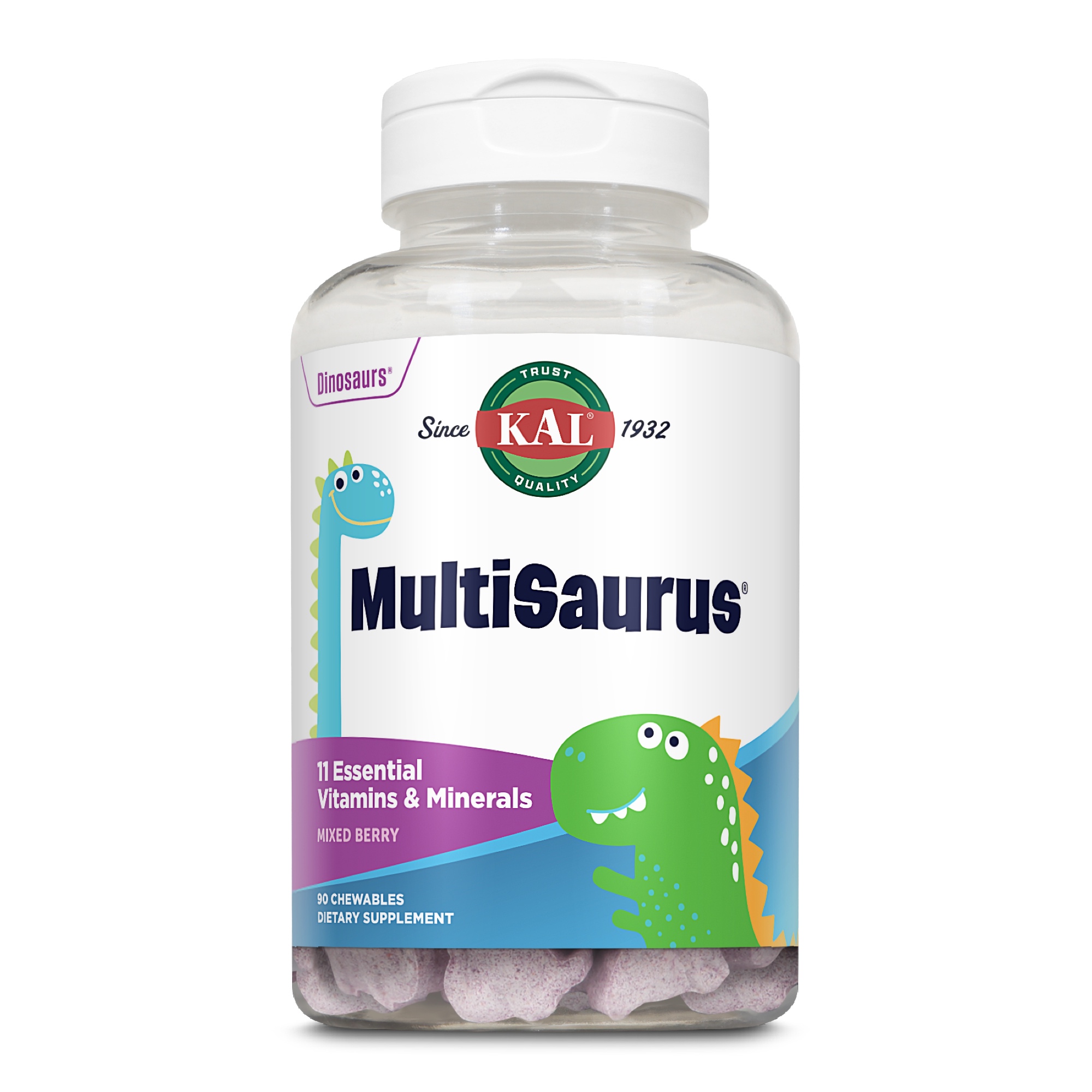 Produktfoto: Eine Familie, bestehend aus einem Mann, einer Frau und zwei Kindern, sitzt an einem Tisch und isst Gemüse. Im Vordergrund ist ein Produkt namens “Dinosaurier MultiSaurus“ von KAL zu sehen, das als Nahrungsergänzungsmittel für Kleinkinder ab 3 Jahren beworben wird.