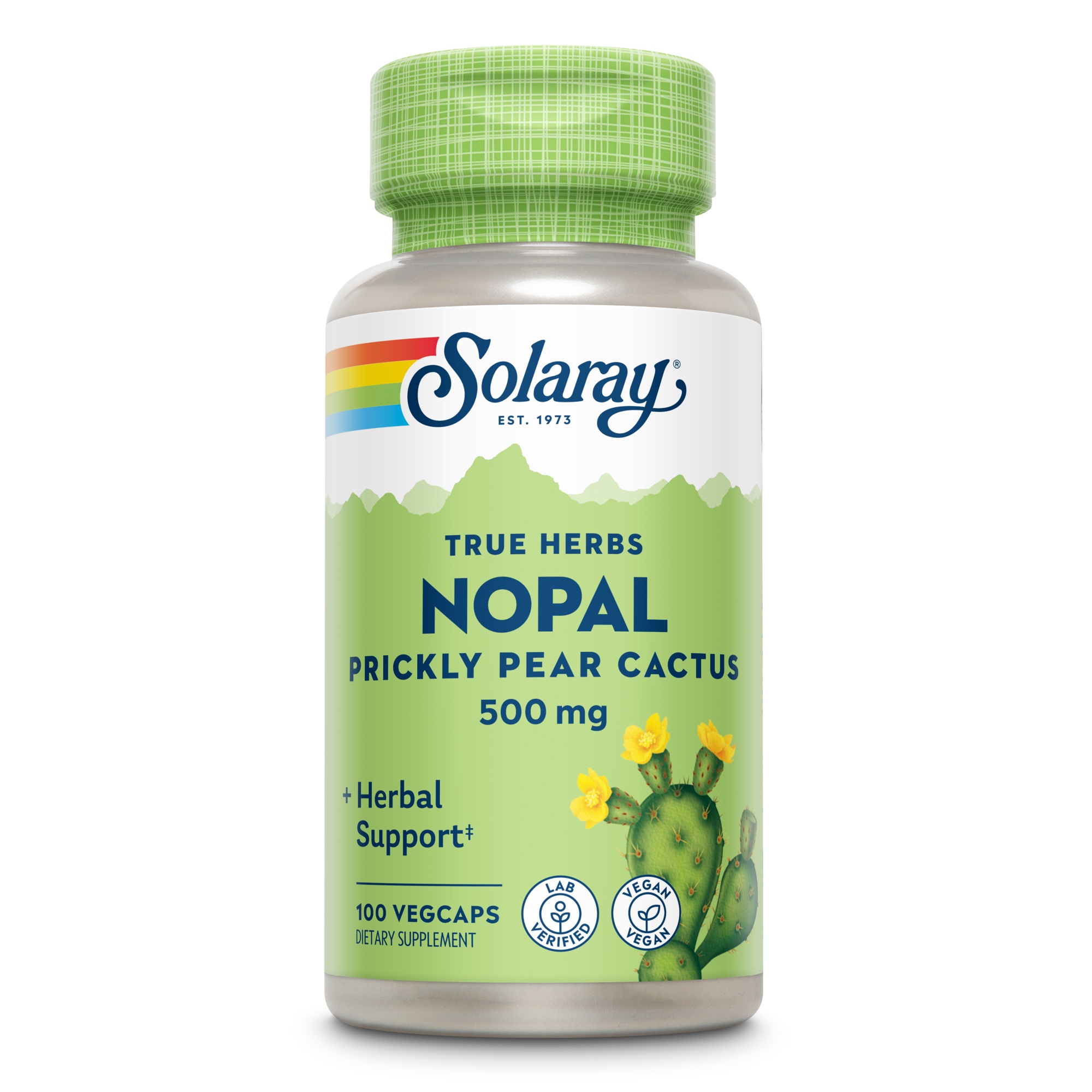 Produktfoto: Die Abbildung zeigt eine Flasche mit Nahrungsergänzungsmitteln der Marke Solaray. Auf dem Etikett steht 'True Herbs Nopal Prickly Pear Cactus 500 mg', zusammen mit einem Bild eines Kaktus und den Worten 'Herbal Support'. Die Flasche enthält 100 vegane Kapseln und ist als 'Lab Verified' und 'Vegan' gekennzeichnet. Das Design ist in Grün- und Gelbtönen gehalten.