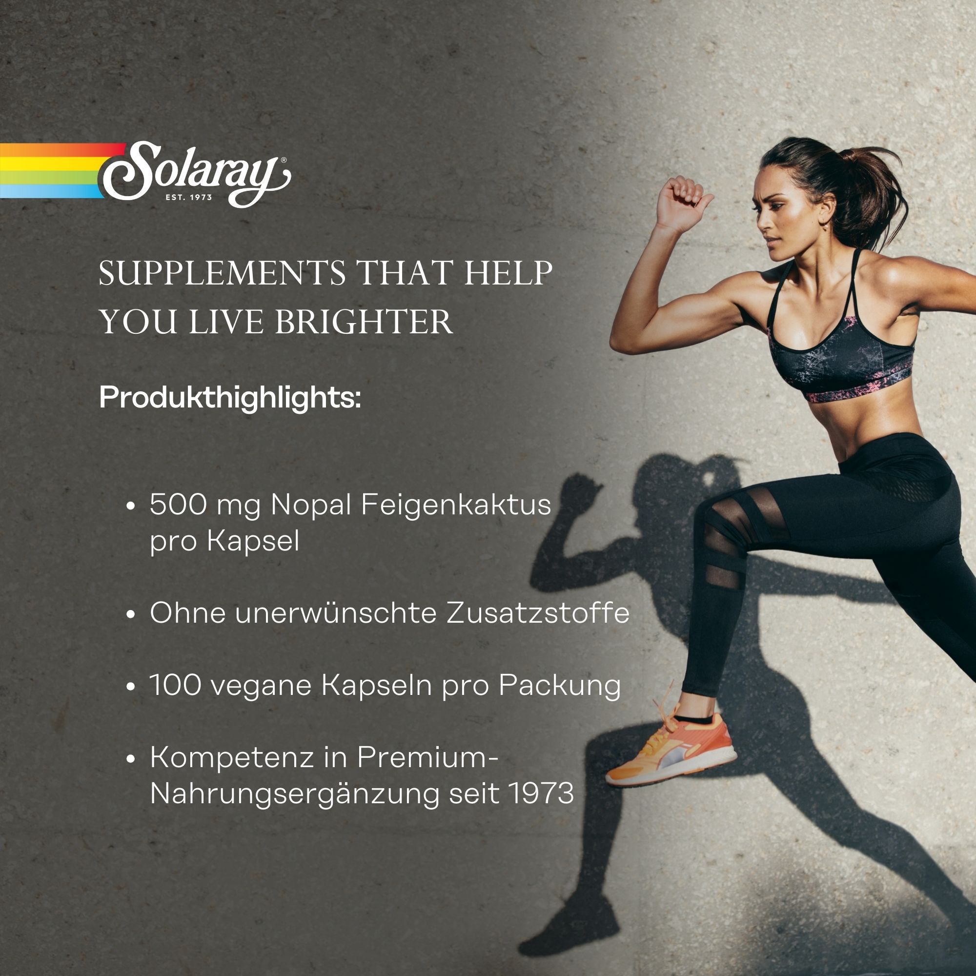 Produktfoto: Die Abbildung zeigt eine Flasche mit Nahrungsergänzungsmitteln der Marke Solaray. Auf dem Etikett steht 'True Herbs Nopal Prickly Pear Cactus 500 mg', zusammen mit einem Bild eines Kaktus und den Worten 'Herbal Support'. Die Flasche enthält 100 vegane Kapseln und ist als 'Lab Verified' und 'Vegan' gekennzeichnet. Das Design ist in Grün- und Gelbtönen gehalten.