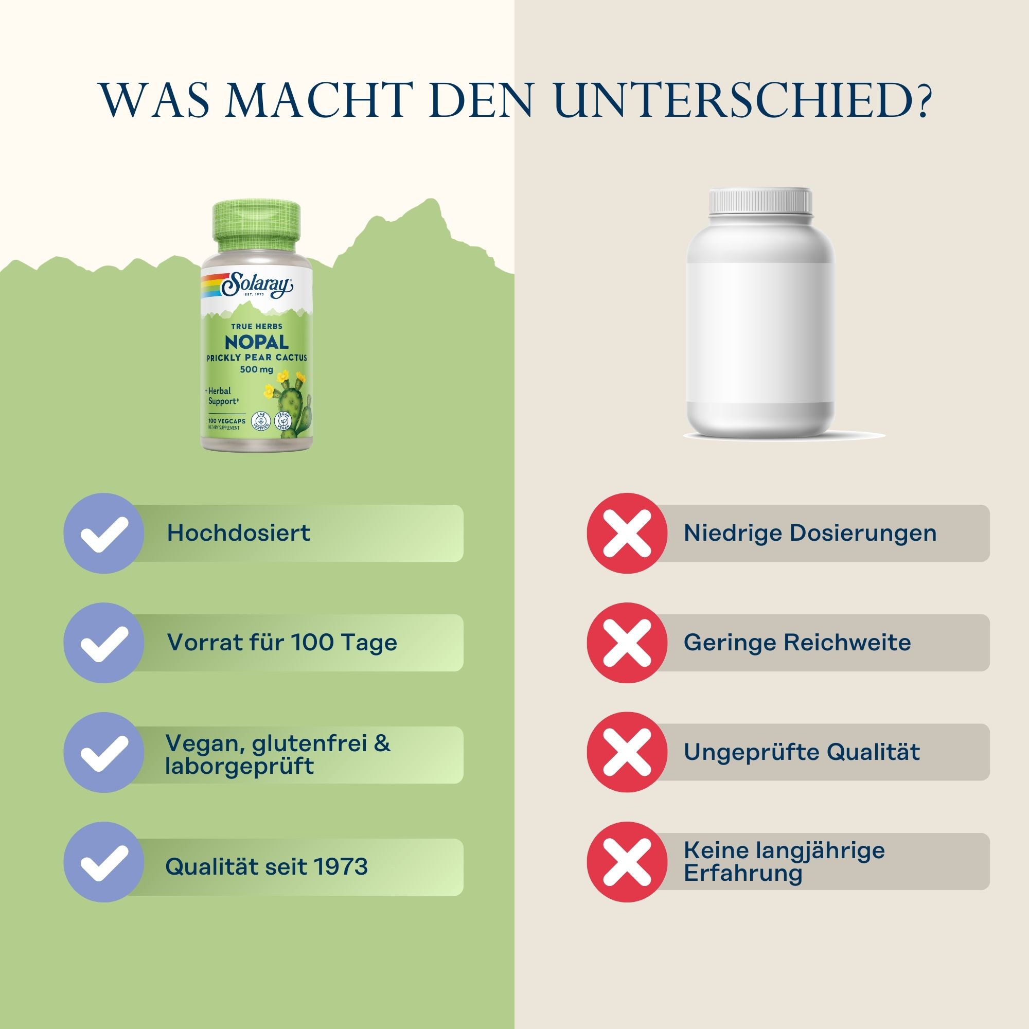 Produktfoto: Die Abbildung zeigt eine Flasche mit Nahrungsergänzungsmitteln der Marke Solaray. Auf dem Etikett steht 'True Herbs Nopal Prickly Pear Cactus 500 mg', zusammen mit einem Bild eines Kaktus und den Worten 'Herbal Support'. Die Flasche enthält 100 vegane Kapseln und ist als 'Lab Verified' und 'Vegan' gekennzeichnet. Das Design ist in Grün- und Gelbtönen gehalten.
