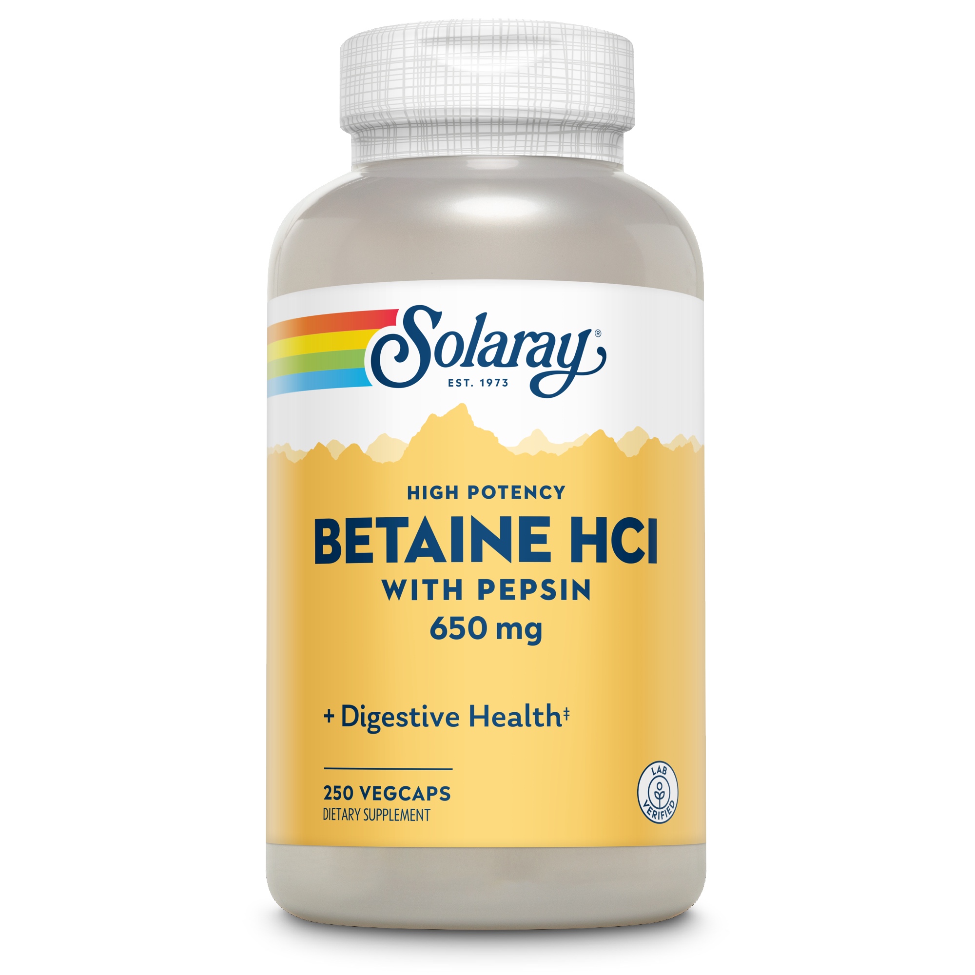 Produktfoto: Eine Flasche Solaray Betaine HCl mit Pepsin Nahrungsergänzungsmittel, 650 mg, 250 Vegcaps. Die Flasche ist hauptsächlich weiß mit einem gelben Etikett und dem Solaray-Logo.