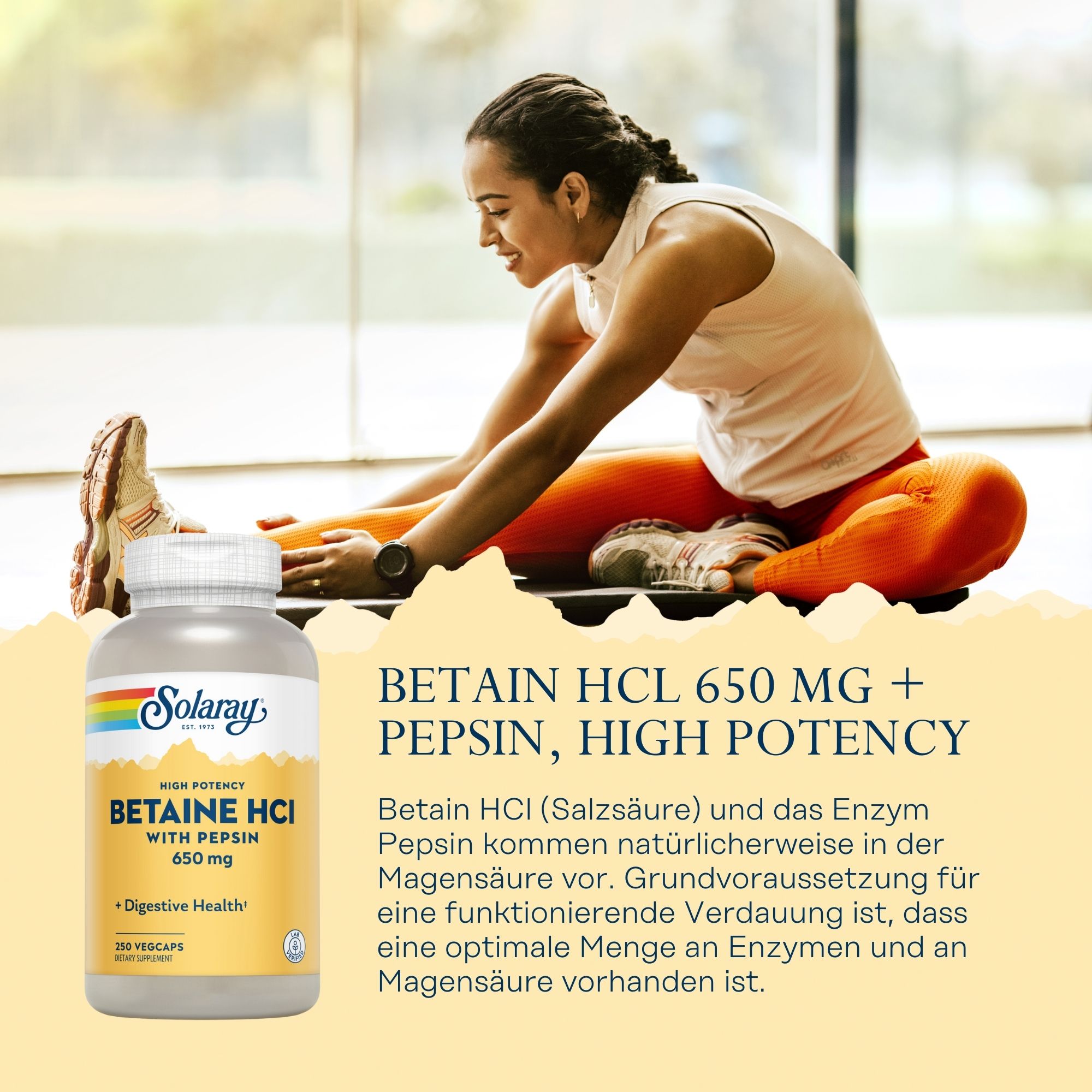 Produktfoto: Eine Flasche Solaray Betaine HCl mit Pepsin Nahrungsergänzungsmittel, 650 mg, 250 Vegcaps. Die Flasche ist hauptsächlich weiß mit einem gelben Etikett und dem Solaray-Logo.
