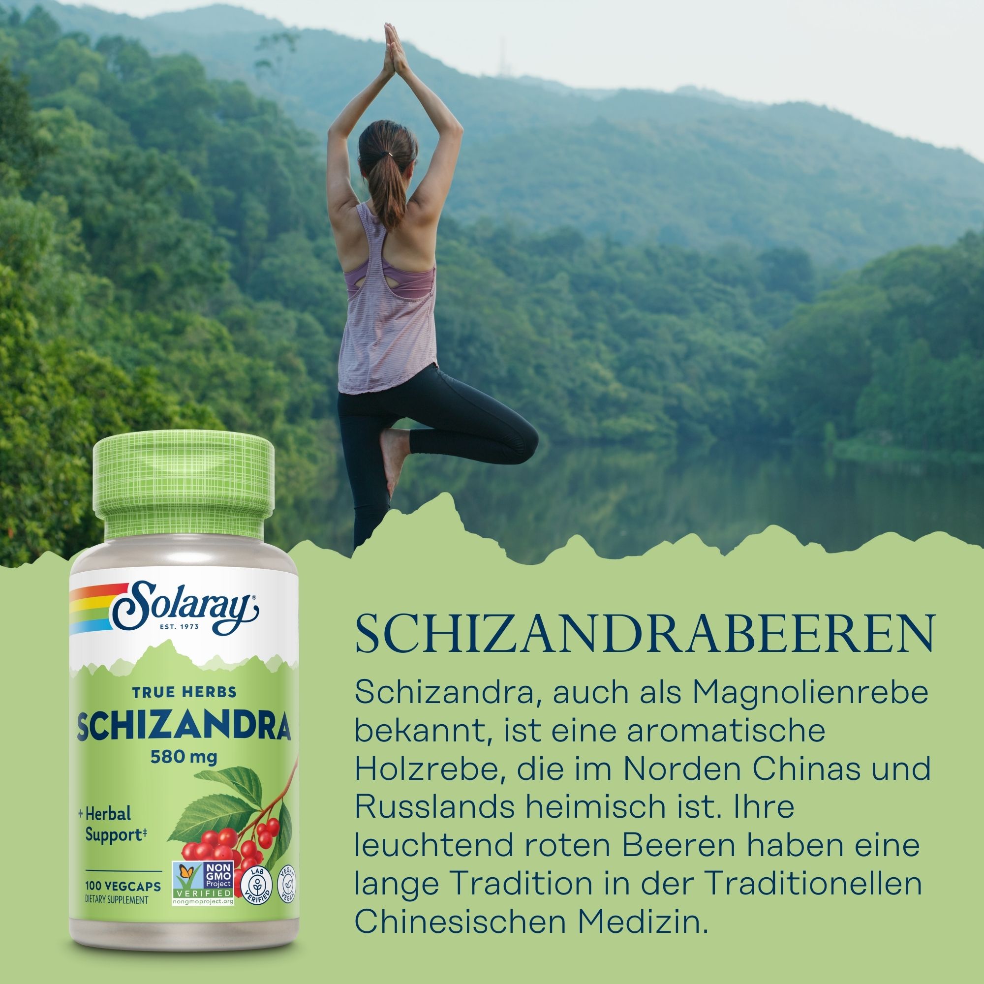 Produktfoto: Die Abbildung zeigt eine Flasche des Nahrungsergänzungsmittels Solaray Schizandra 580 mg. Die Flasche ist grün mit einem Etikett, das den Produktnamen, die Dosierung und die Anzahl der Kapseln (100 Vegcaps) anzeigt. Auf dem Etikett sind auch Symbole für “Non-GMO“ und “Lab Verified“ zu sehen. Die Flasche ist vor einem weißen Hintergrund abgebildet.