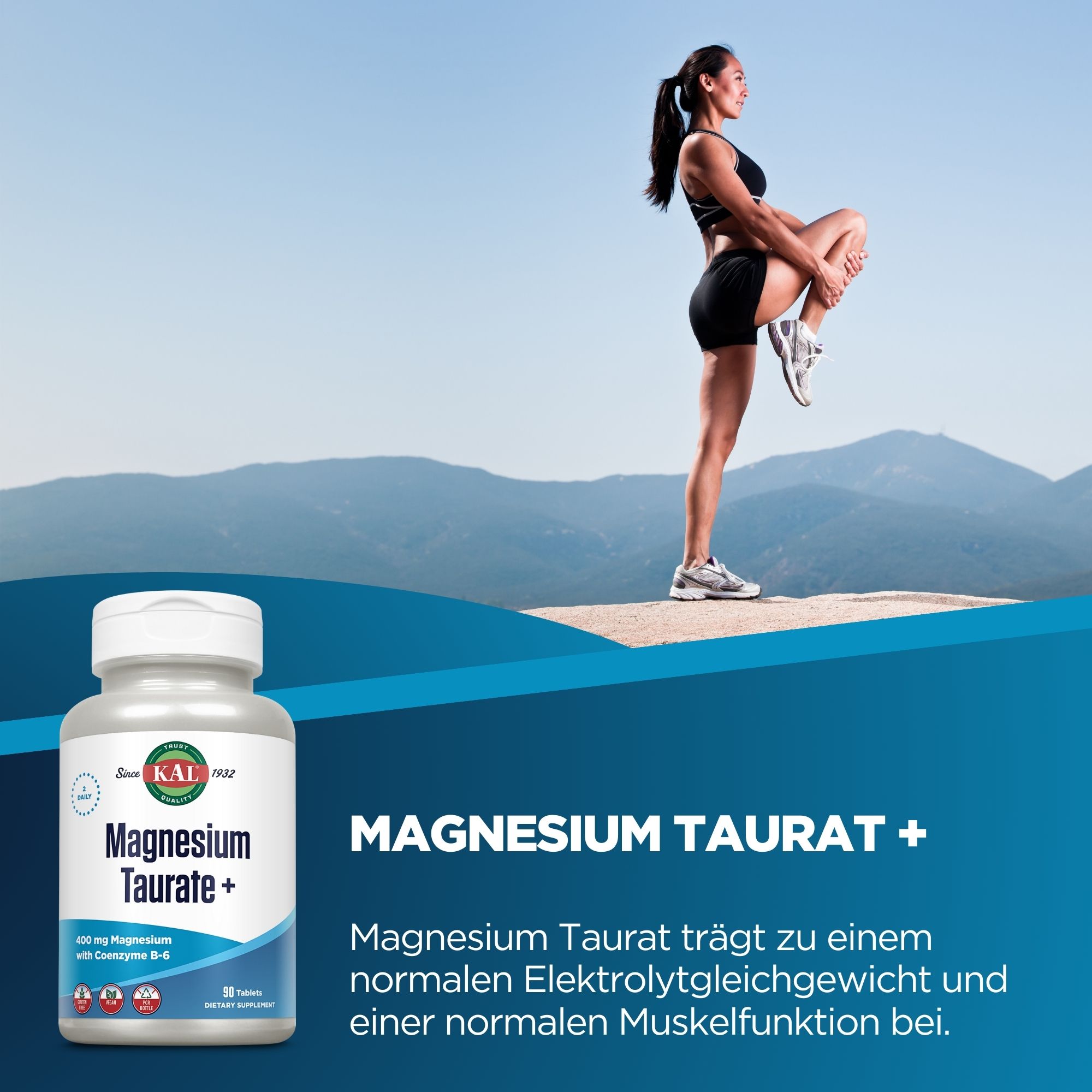 Produktfoto: Eine weiße Plastikflasche mit einem Etikett, das “KAL Magnesium Taurate+“ zeigt. Das Etikett ist blau und weiß mit dem KAL-Logo oben. Es enthält 400 mg Magnesium mit Coenzym B-6, 90 Tabletten. Symbole für glutenfrei, vegan und eine PCR-Flasche sind unten.