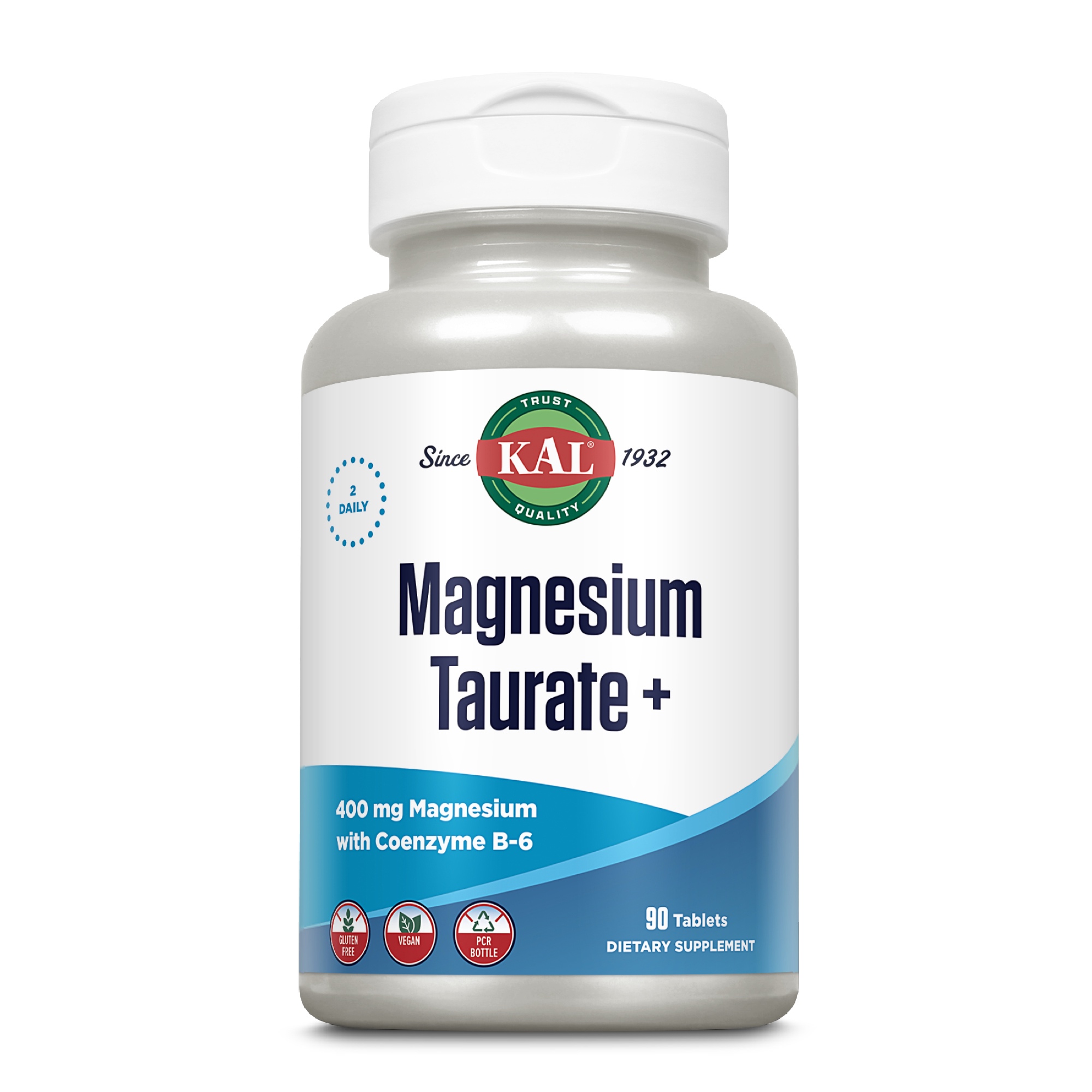 Produktfoto: Eine weiße Plastikflasche mit einem Etikett, das “KAL Magnesium Taurate+“ zeigt. Das Etikett ist blau und weiß mit dem KAL-Logo oben. Es enthält 400 mg Magnesium mit Coenzym B-6, 90 Tabletten. Symbole für glutenfrei, vegan und eine PCR-Flasche sind unten.
