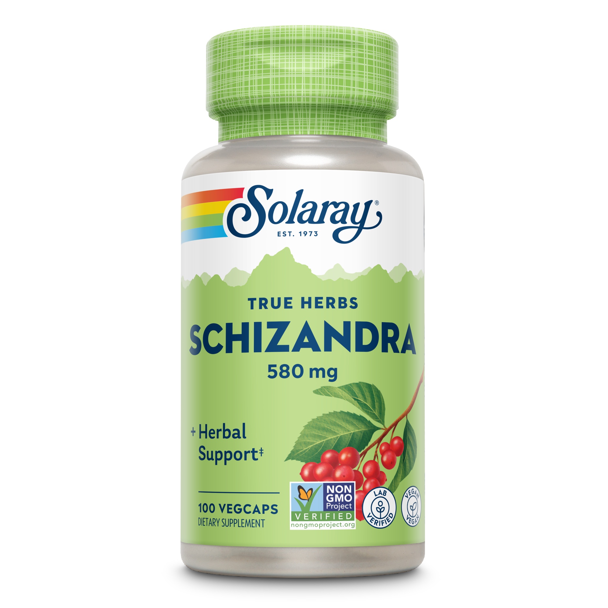 Produktfoto: Die Abbildung zeigt eine Flasche des Nahrungsergänzungsmittels Solaray Schizandra 580 mg. Die Flasche ist grün mit einem Etikett, das den Produktnamen, die Dosierung und die Anzahl der Kapseln (100 Vegcaps) anzeigt. Auf dem Etikett sind auch Symbole für “Non-GMO“ und “Lab Verified“ zu sehen. Die Flasche ist vor einem weißen Hintergrund abgebildet.