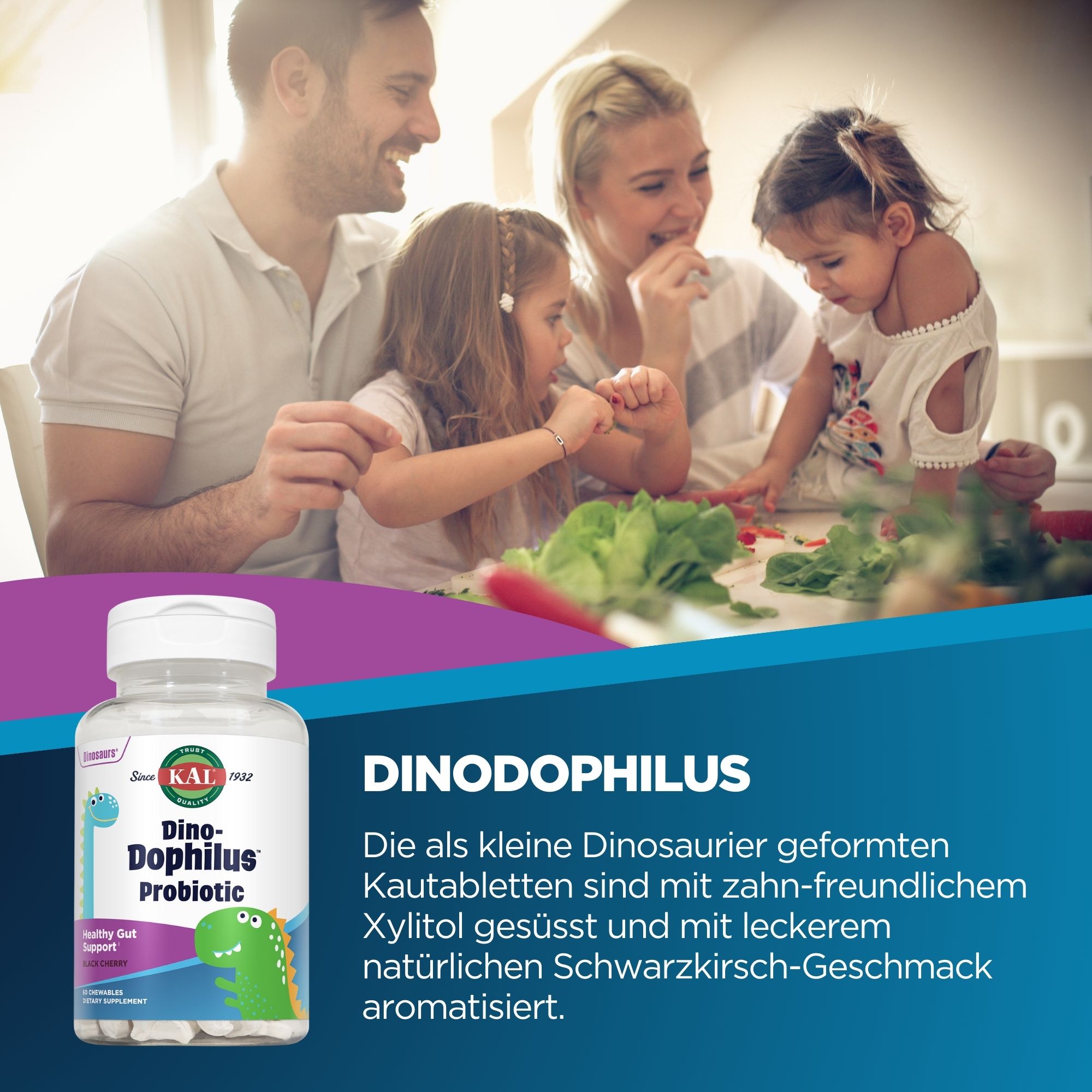 Produktfoto: Eine durchsichtige Plastikflasche mit einem Etikett, das “Dino-Dophilus Probiotic“ zeigt. Die Flasche enthält 60 kaubare Nahrungsergänzungsmittel zur Unterstützung der Darmgesundheit mit schwarzem Kirschgeschmack. Auf dem Etikett sind bunte Dinosaurier-Illustrationen zu sehen. Die Marke KAL ist ebenfalls angegeben.