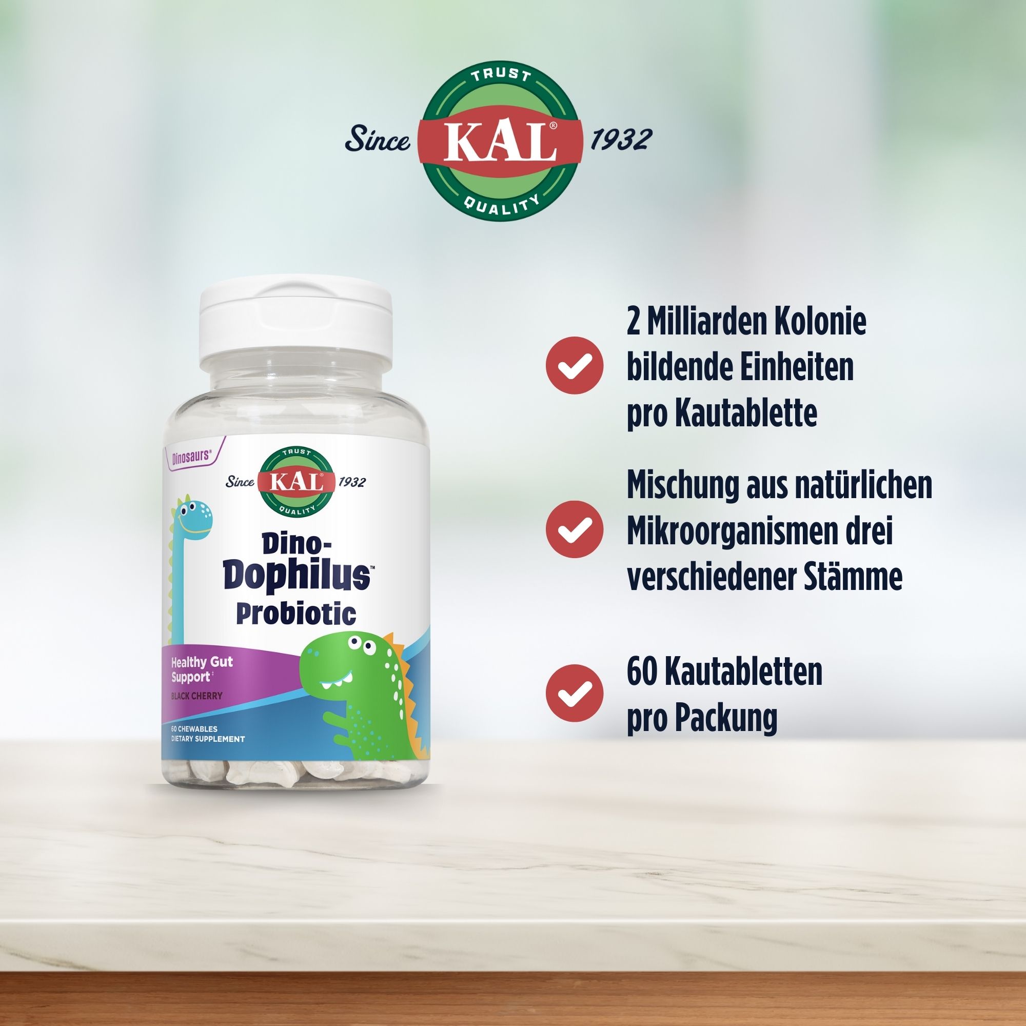 Produktfoto: Eine durchsichtige Plastikflasche mit einem Etikett, das “Dino-Dophilus Probiotic“ zeigt. Die Flasche enthält 60 kaubare Nahrungsergänzungsmittel zur Unterstützung der Darmgesundheit mit schwarzem Kirschgeschmack. Auf dem Etikett sind bunte Dinosaurier-Illustrationen zu sehen. Die Marke KAL ist ebenfalls angegeben.