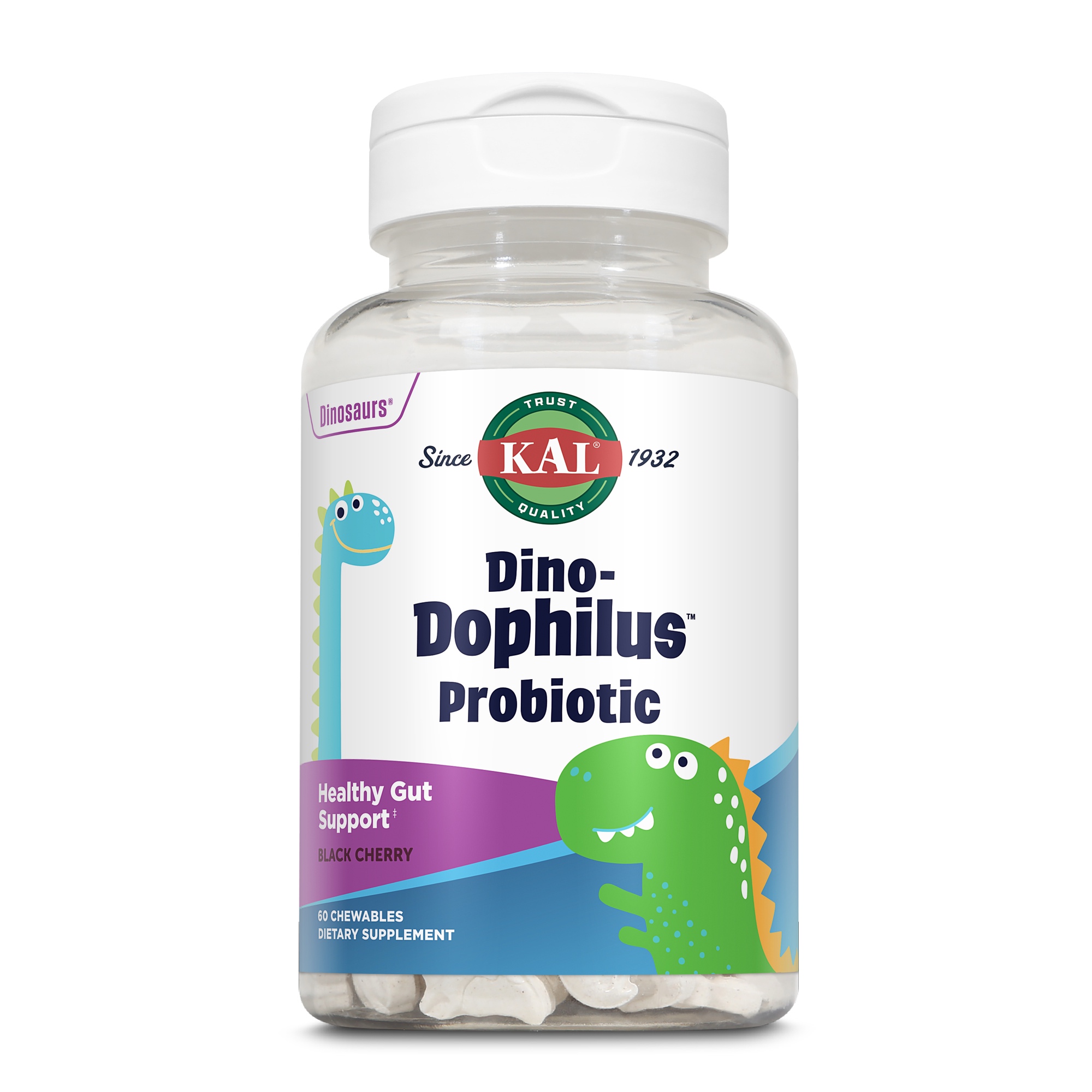 Produktfoto: Eine durchsichtige Plastikflasche mit einem Etikett, das “Dino-Dophilus Probiotic“ zeigt. Die Flasche enthält 60 kaubare Nahrungsergänzungsmittel zur Unterstützung der Darmgesundheit mit schwarzem Kirschgeschmack. Auf dem Etikett sind bunte Dinosaurier-Illustrationen zu sehen. Die Marke KAL ist ebenfalls angegeben.