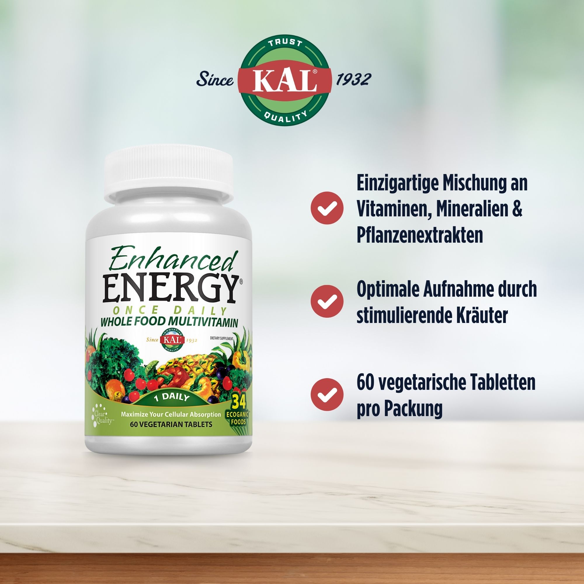 Produktfoto: Eine weiße Plastikflasche mit der Aufschrift 'Enhanced Energy Once Daily Whole Food Multivitamin'. Die Flasche zeigt bunte Gemüseabbildungen und enthält 60 vegetarische Tabletten. Die Marke 'KAL' ist prominent auf dem Etikett platziert.
