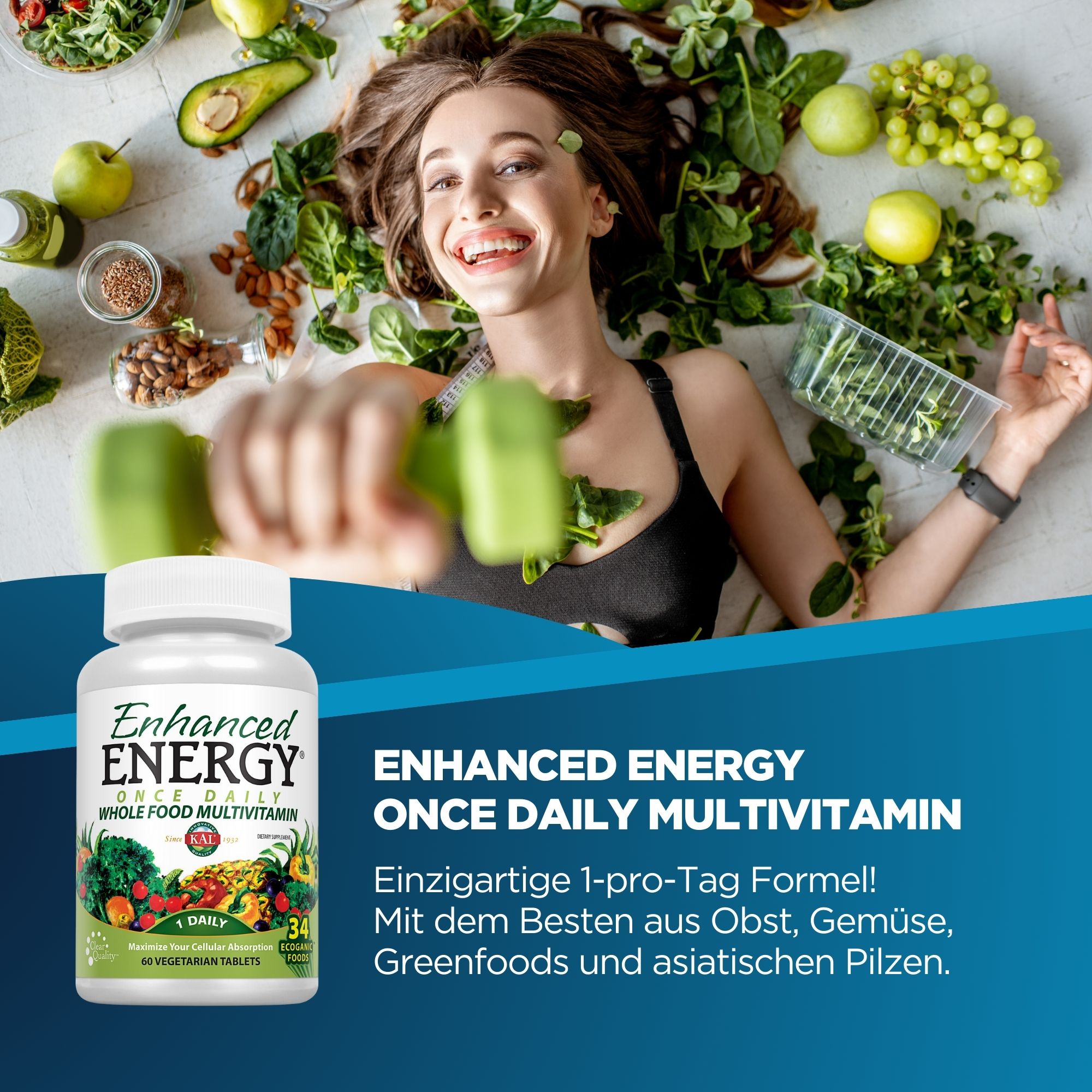 Produktfoto: Eine weiße Plastikflasche mit der Aufschrift 'Enhanced Energy Once Daily Whole Food Multivitamin'. Die Flasche zeigt bunte Gemüseabbildungen und enthält 60 vegetarische Tabletten. Die Marke 'KAL' ist prominent auf dem Etikett platziert.