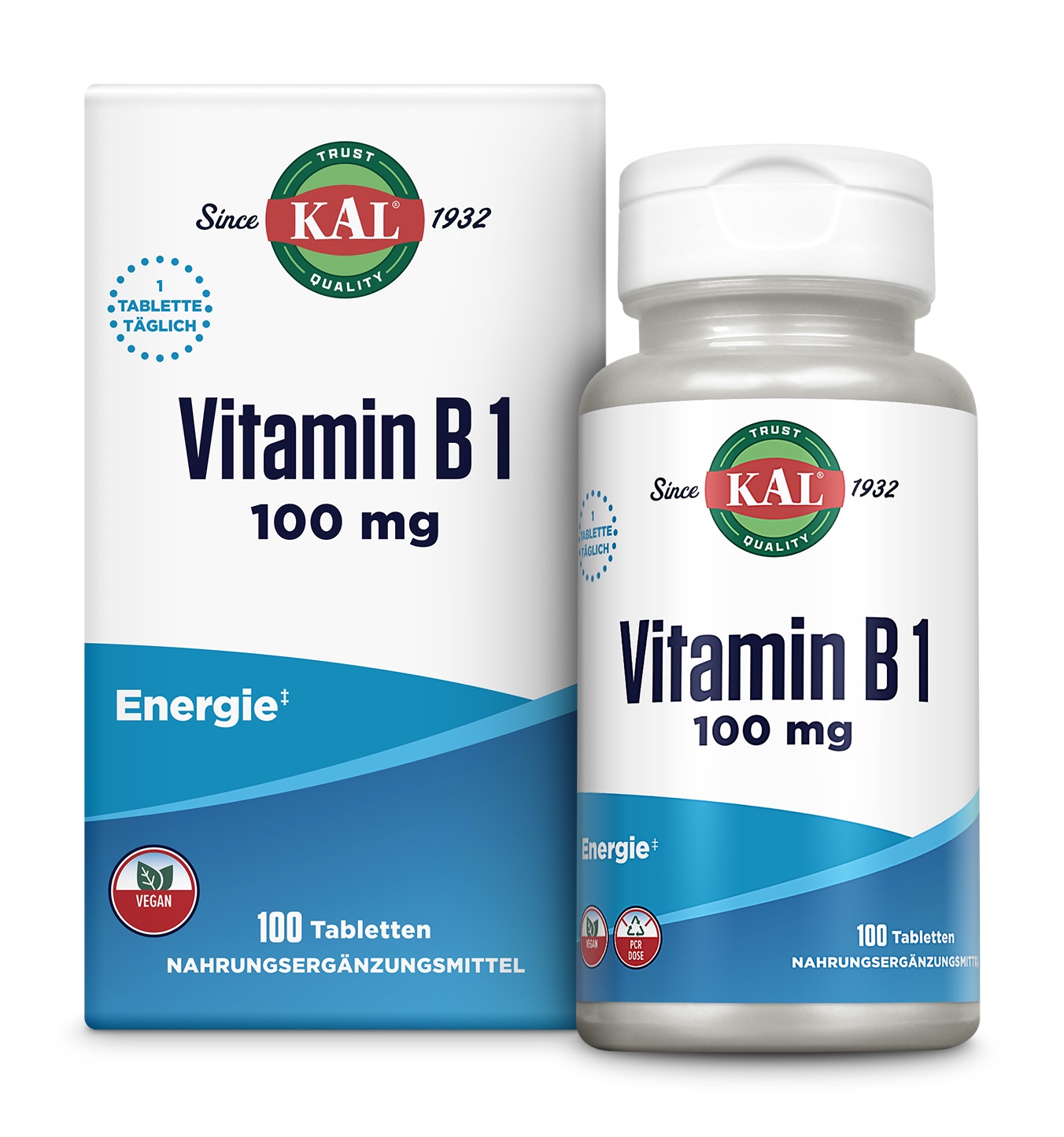 Produktfoto: Eine Frau in Sportkleidung steht auf einem Felsen und dehnt ihr Bein. Im Vordergrund ist eine Flasche Vitamin B1 von KAL zu sehen. Der Hintergrund zeigt eine Berglandschaft unter blauem Himmel. Text auf dem Bild erklärt die Vorteile von Vitamin B1.