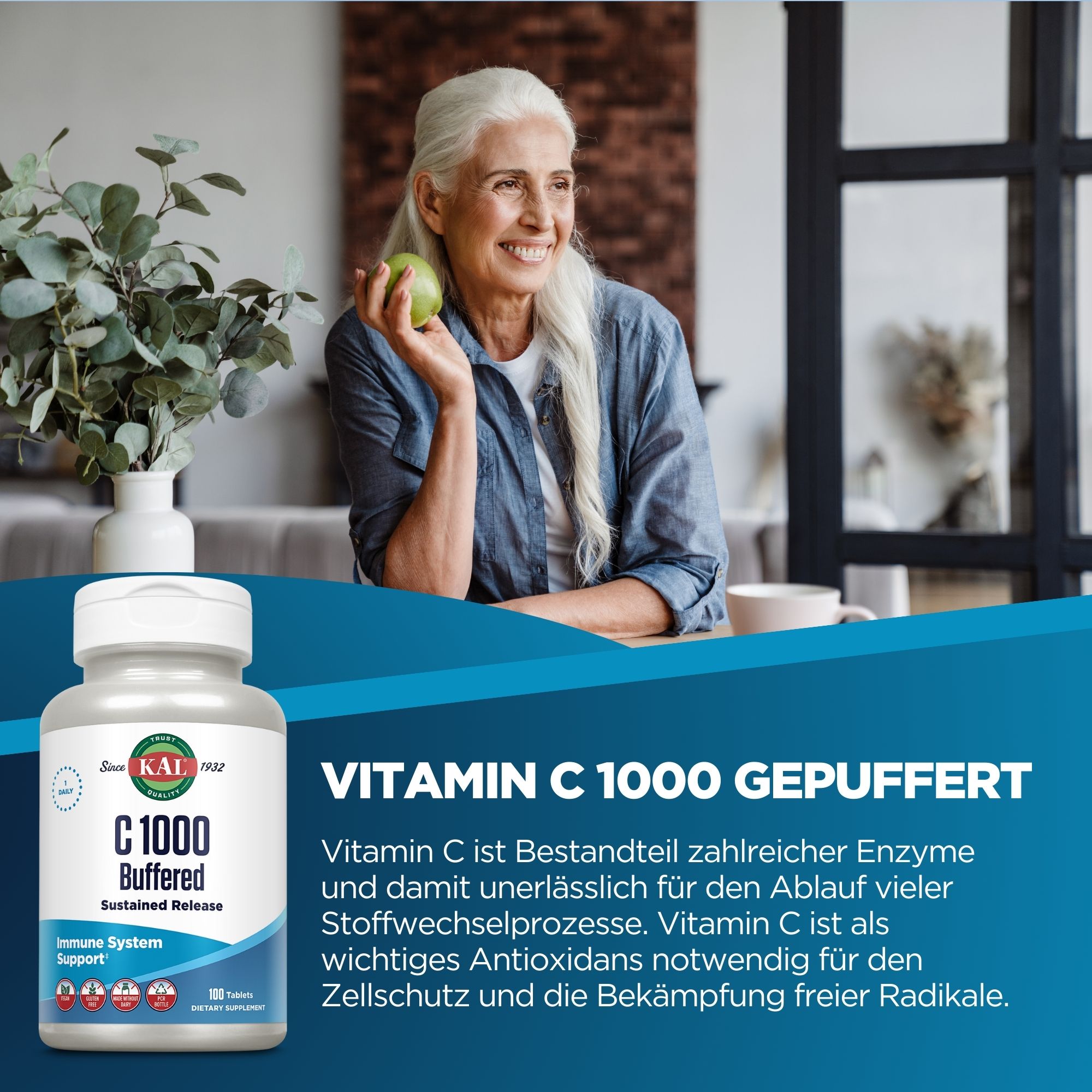 Produktfoto: Eine weiße Plastikflasche mit dem Etikett “KAL C 1000 Buffered“. Das Etikett zeigt Informationen über die Vitamintabletten, die für die Unterstützung des Immunsystems gedacht sind. Auf der Flasche stehen weitere Details wie “Sustained Release“, “100 Tablets“ und Symbole für vegan, glutenfrei und milchfrei. Die Flasche hat einen weißen Deckel und steht vor einem weißen Hintergrund.