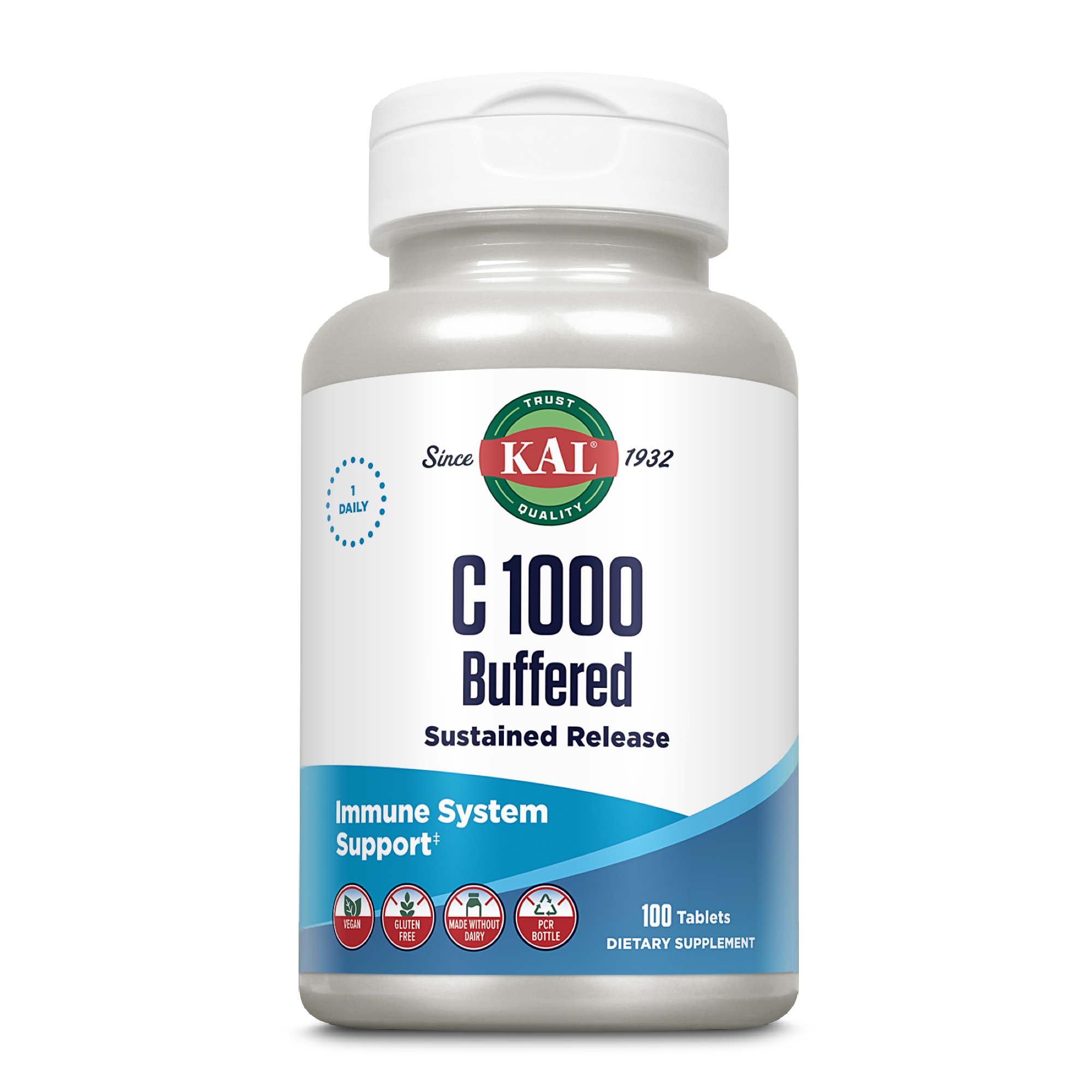 Produktfoto: Eine weiße Plastikflasche mit dem Etikett “KAL C 1000 Buffered“. Das Etikett zeigt Informationen über die Vitamintabletten, die für die Unterstützung des Immunsystems gedacht sind. Auf der Flasche stehen weitere Details wie “Sustained Release“, “100 Tablets“ und Symbole für vegan, glutenfrei und milchfrei. Die Flasche hat einen weißen Deckel und steht vor einem weißen Hintergrund.