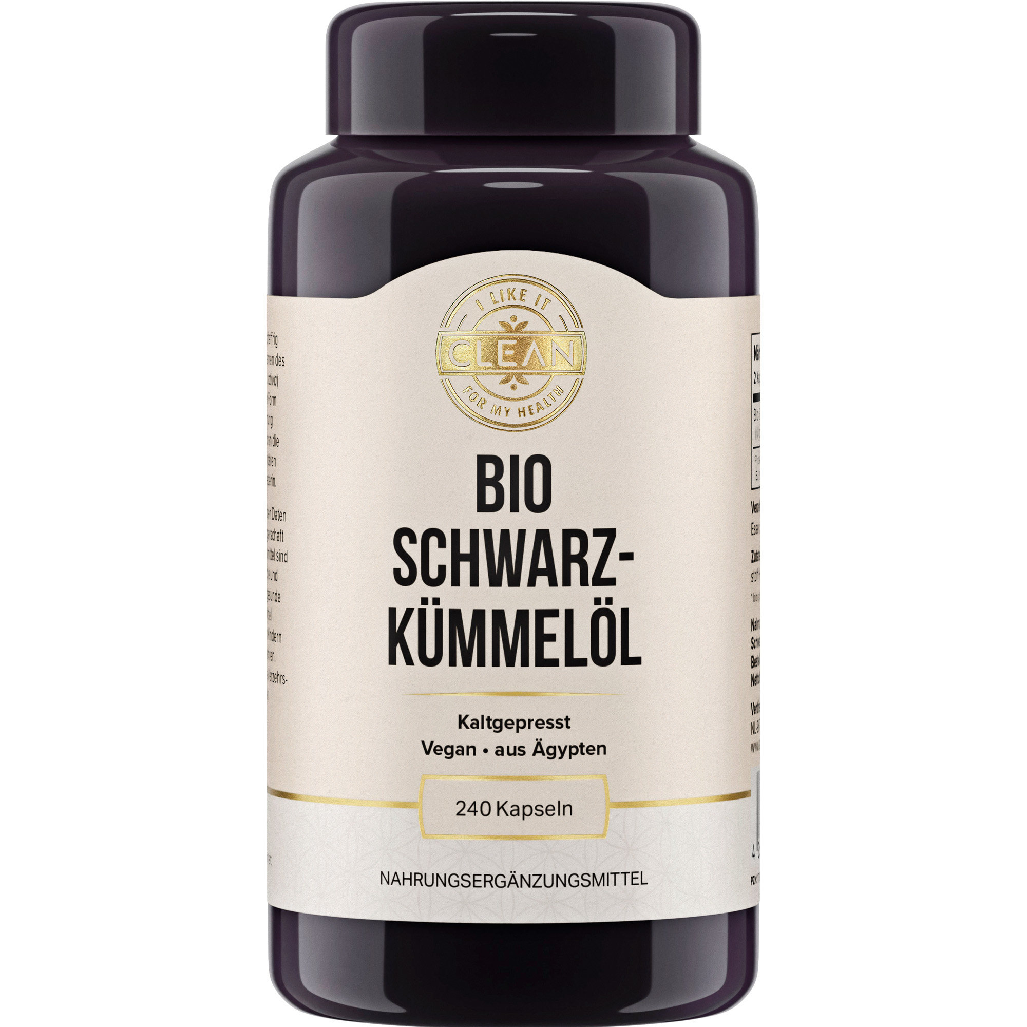 Produktfoto: Das Bild zeigt eine Flasche mit der Aufschrift 'Bio Schwarzkümmelöl'. Die Flasche ist dunkel und hat ein beiges Etikett. Auf dem Etikett steht 'Kaltgepresst', 'Vegan', 'aus Ägypten' und '240 Kapseln'. Oben ist ein Logo mit der Aufschrift 'Clean'.
