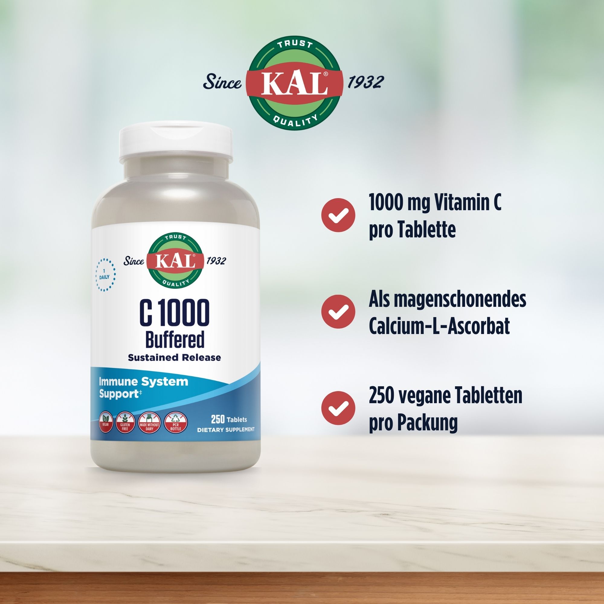 Produktfoto: Eine weiße Plastikflasche mit einem Etikett der Marke KAL. Auf dem Etikett steht “C 1000 Buffered Sustained Release“ und “Immune System Support“. Die Flasche enthält 250 Tabletten. Das Etikett zeigt Symbole für vegan, glutenfrei und ohne Milchprodukte.