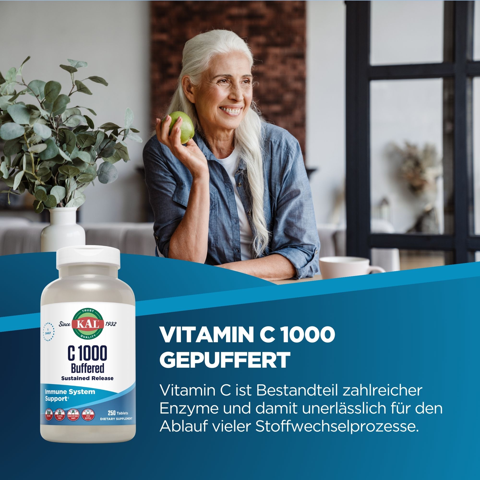 Produktfoto: Eine weiße Plastikflasche mit einem Etikett der Marke KAL. Auf dem Etikett steht “C 1000 Buffered Sustained Release“ und “Immune System Support“. Die Flasche enthält 250 Tabletten. Das Etikett zeigt Symbole für vegan, glutenfrei und ohne Milchprodukte.