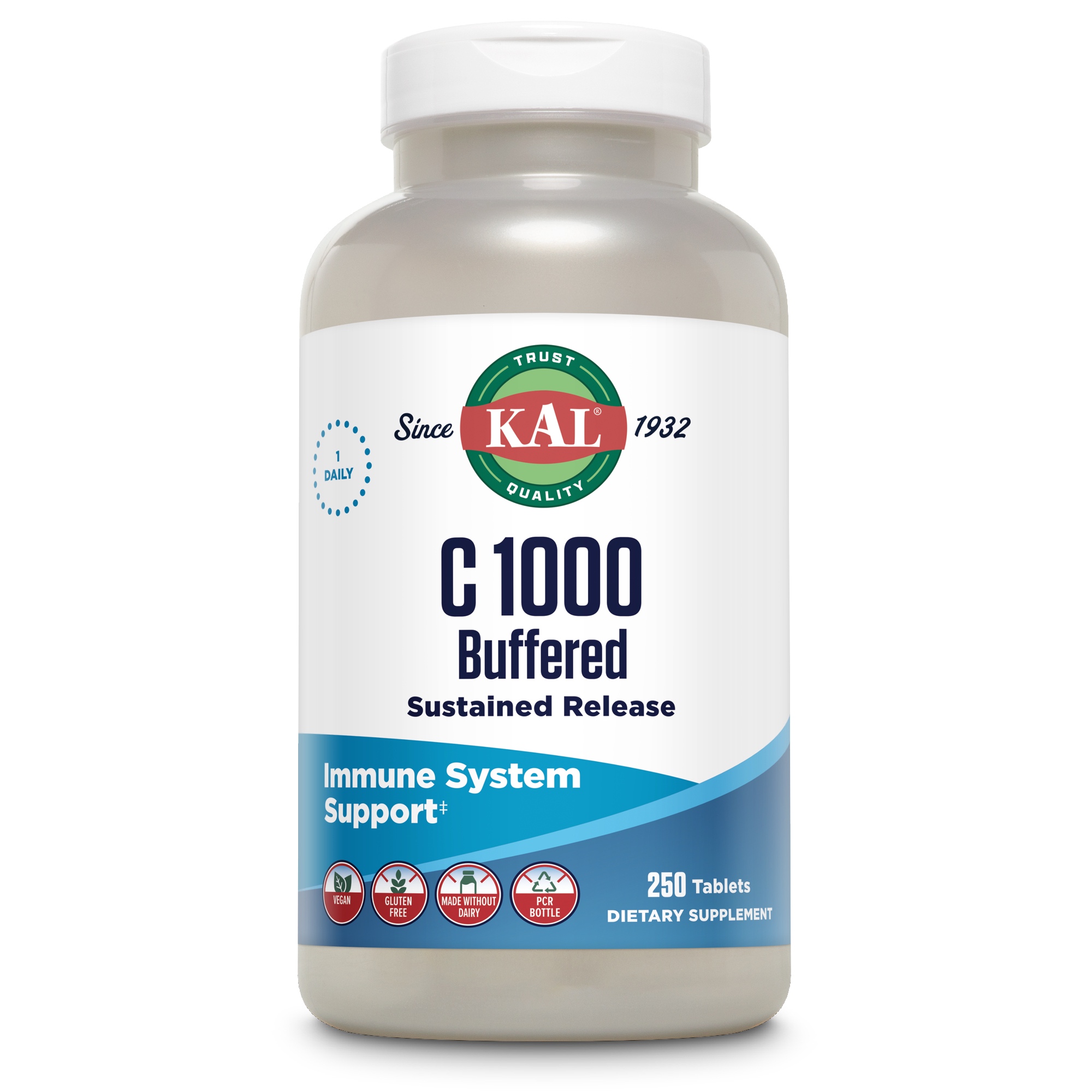 Produktfoto: Eine weiße Plastikflasche mit einem Etikett der Marke KAL. Auf dem Etikett steht “C 1000 Buffered Sustained Release“ und “Immune System Support“. Die Flasche enthält 250 Tabletten. Das Etikett zeigt Symbole für vegan, glutenfrei und ohne Milchprodukte.