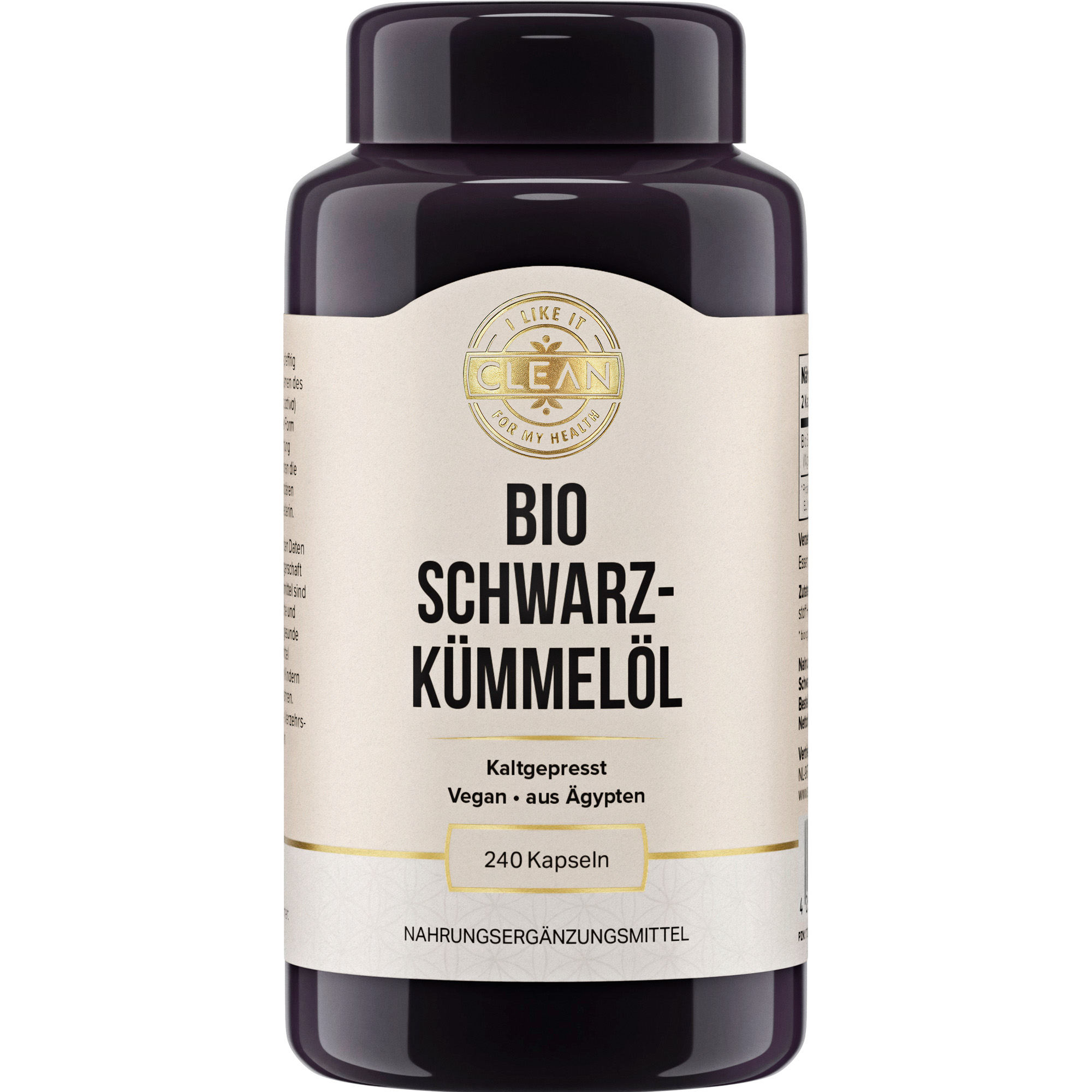 Produktfoto: Das Bild zeigt eine Flasche mit der Aufschrift 'Bio Schwarzkümmelöl'. Die Flasche ist dunkel und hat ein beiges Etikett. Auf dem Etikett steht 'Kaltgepresst', 'Vegan', 'aus Ägypten' und '240 Kapseln'. Oben ist ein Logo mit der Aufschrift 'Clean'.