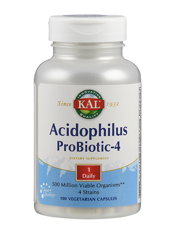 Produktfoto: Ein weißes Plastikfläschchen mit einem Etikett, das “KAL Acidophilus ProBiotic-4“ anzeigt. Es enthält 100 VegCaps und verspricht 500 Millionen lebensfähige Organismen pro Kapsel. Das Design ist schlicht mit blauen und grünen Farben.