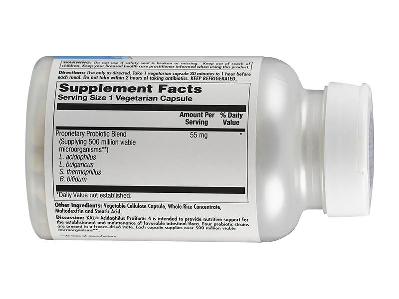 Produktfoto: Ein weißes Plastikfläschchen mit einem Etikett, das “KAL Acidophilus ProBiotic-4“ anzeigt. Es enthält 100 VegCaps und verspricht 500 Millionen lebensfähige Organismen pro Kapsel. Das Design ist schlicht mit blauen und grünen Farben.