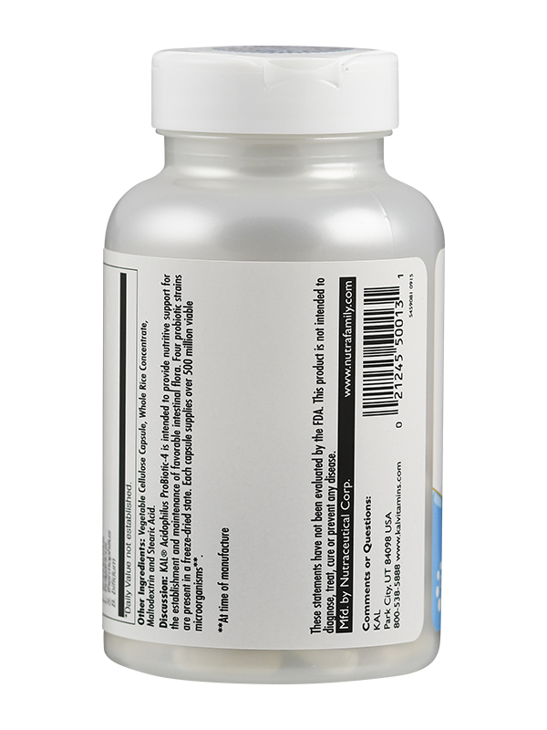 Produktfoto: Ein weißes Plastikfläschchen mit einem Etikett, das “KAL Acidophilus ProBiotic-4“ anzeigt. Es enthält 100 VegCaps und verspricht 500 Millionen lebensfähige Organismen pro Kapsel. Das Design ist schlicht mit blauen und grünen Farben.