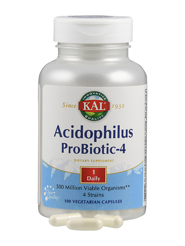 Produktfoto: Ein weißes Plastikfläschchen mit einem Etikett, das “KAL Acidophilus ProBiotic-4“ anzeigt. Es enthält 100 VegCaps und verspricht 500 Millionen lebensfähige Organismen pro Kapsel. Das Design ist schlicht mit blauen und grünen Farben.