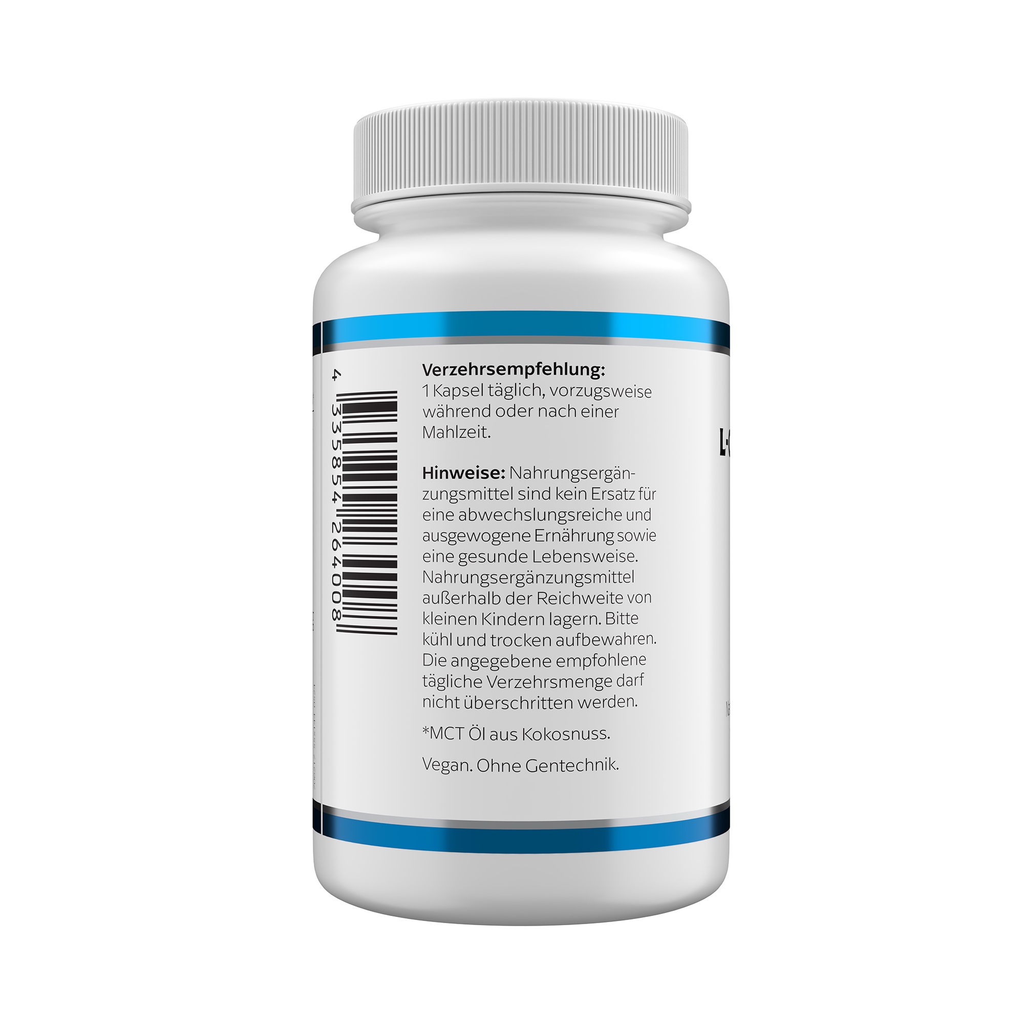 Produktfoto: Eine weiße Flasche mit der Aufschrift 'Acetyl-L-Carnitin HCI 500 mg' von Klean Labs steht auf einer weißen Oberfläche. Links sind Symbole für glutenfrei, vegan, ohne Gentechnik und laborgeprüft. Rechts ist ein grünes Blatt zu sehen.