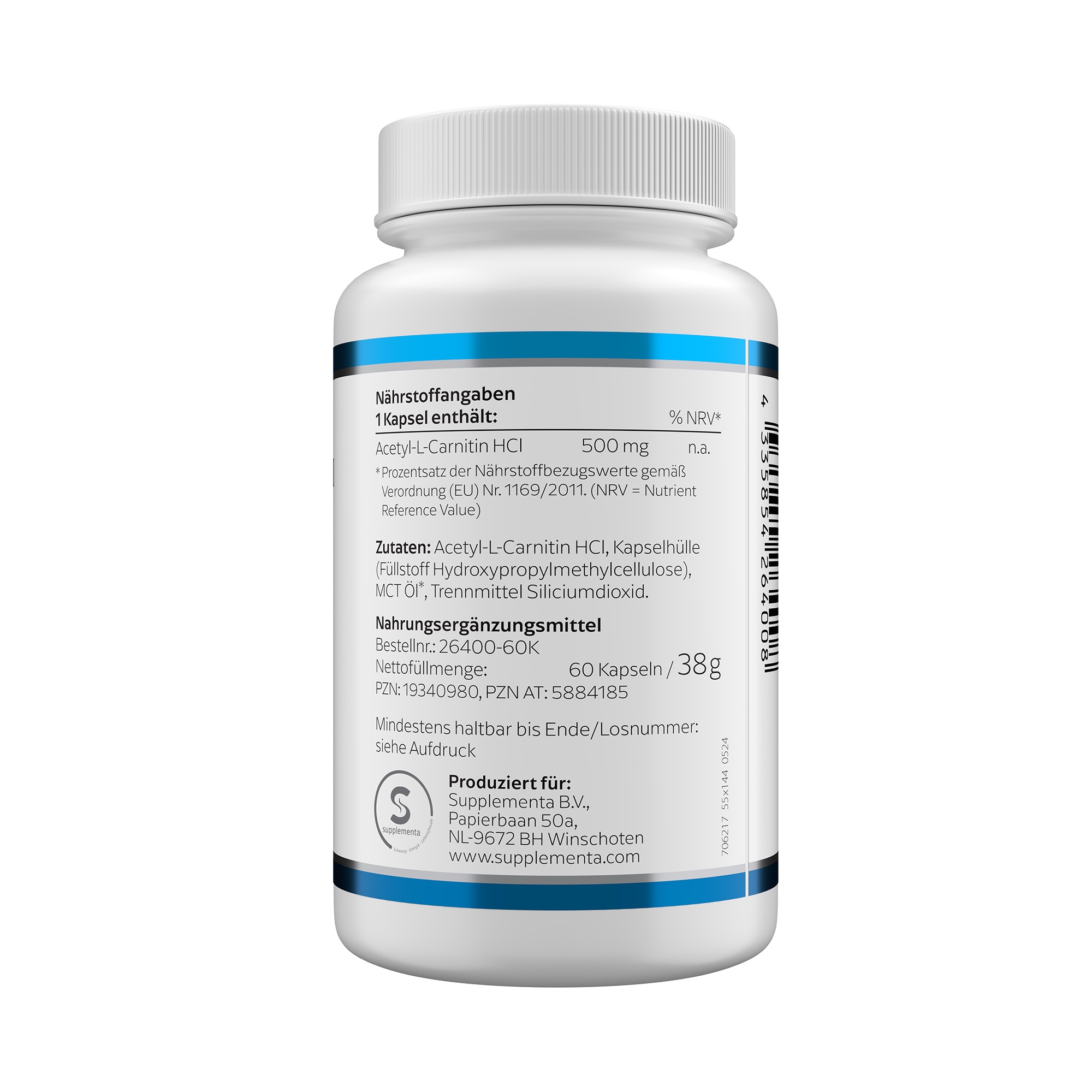 Produktfoto: Eine weiße Flasche mit der Aufschrift 'Acetyl-L-Carnitin HCI 500 mg' von Klean Labs steht auf einer weißen Oberfläche. Links sind Symbole für glutenfrei, vegan, ohne Gentechnik und laborgeprüft. Rechts ist ein grünes Blatt zu sehen.