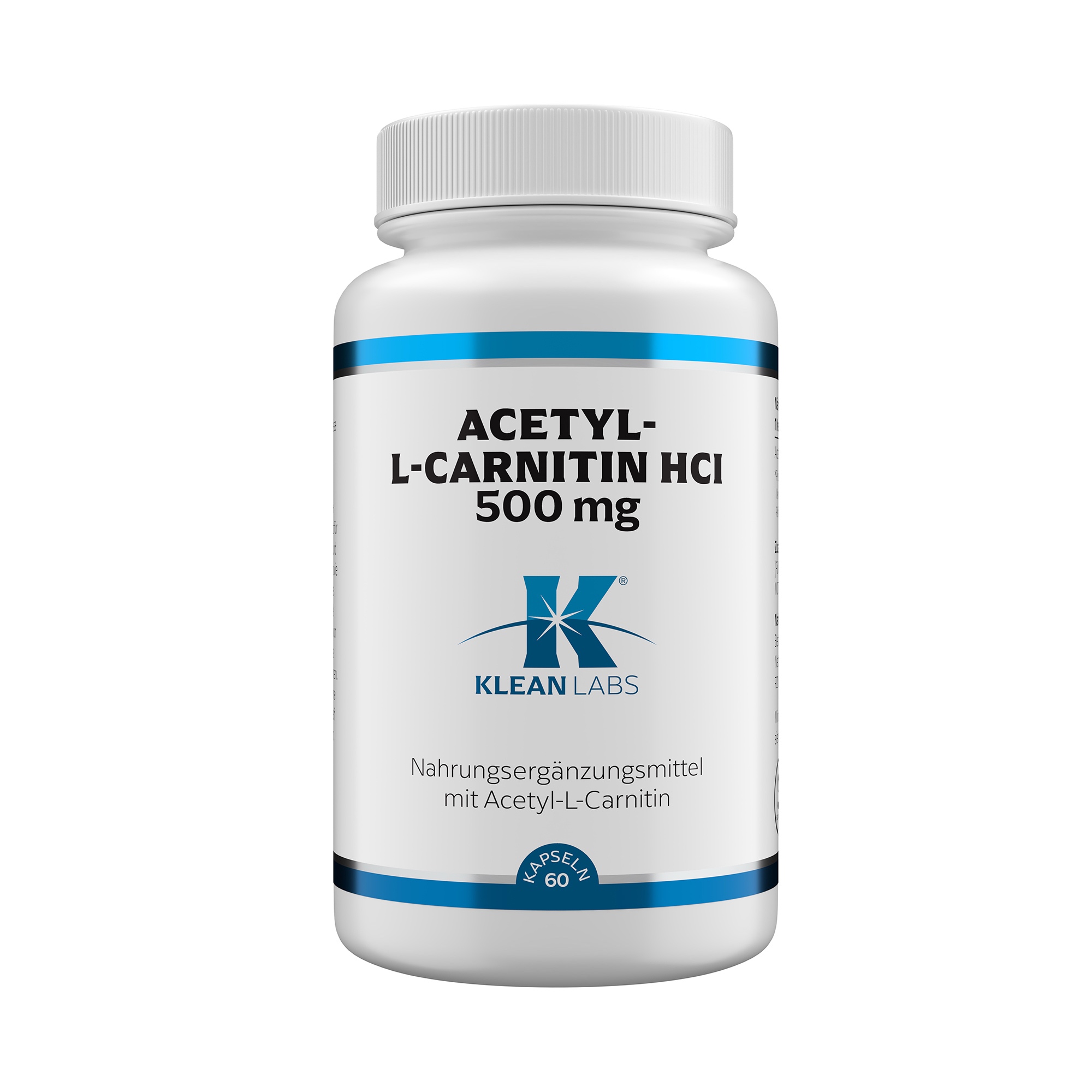 Produktfoto: Eine weiße Flasche mit der Aufschrift 'Acetyl-L-Carnitin HCI 500 mg' von Klean Labs steht auf einer weißen Oberfläche. Links sind Symbole für glutenfrei, vegan, ohne Gentechnik und laborgeprüft. Rechts ist ein grünes Blatt zu sehen.