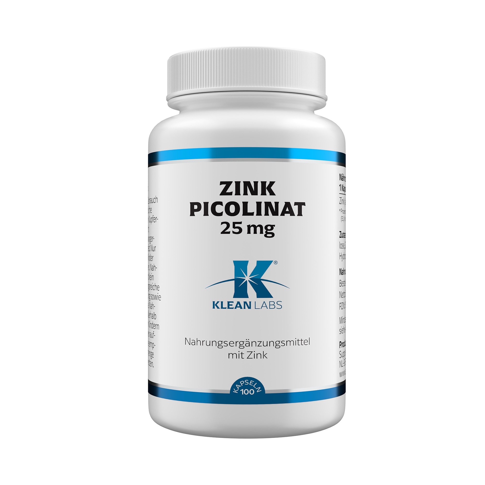 Produktfoto: Eine weiße Plastikflasche mit blauem Etikett, auf dem “Zink Picolinat 25 mg“ steht. Darunter das Logo von Klean Labs. Die Flasche enthält 100 Kapseln eines Nahrungsergänzungsmittels mit Zink. Auf weißem Hintergrund fotografiert.